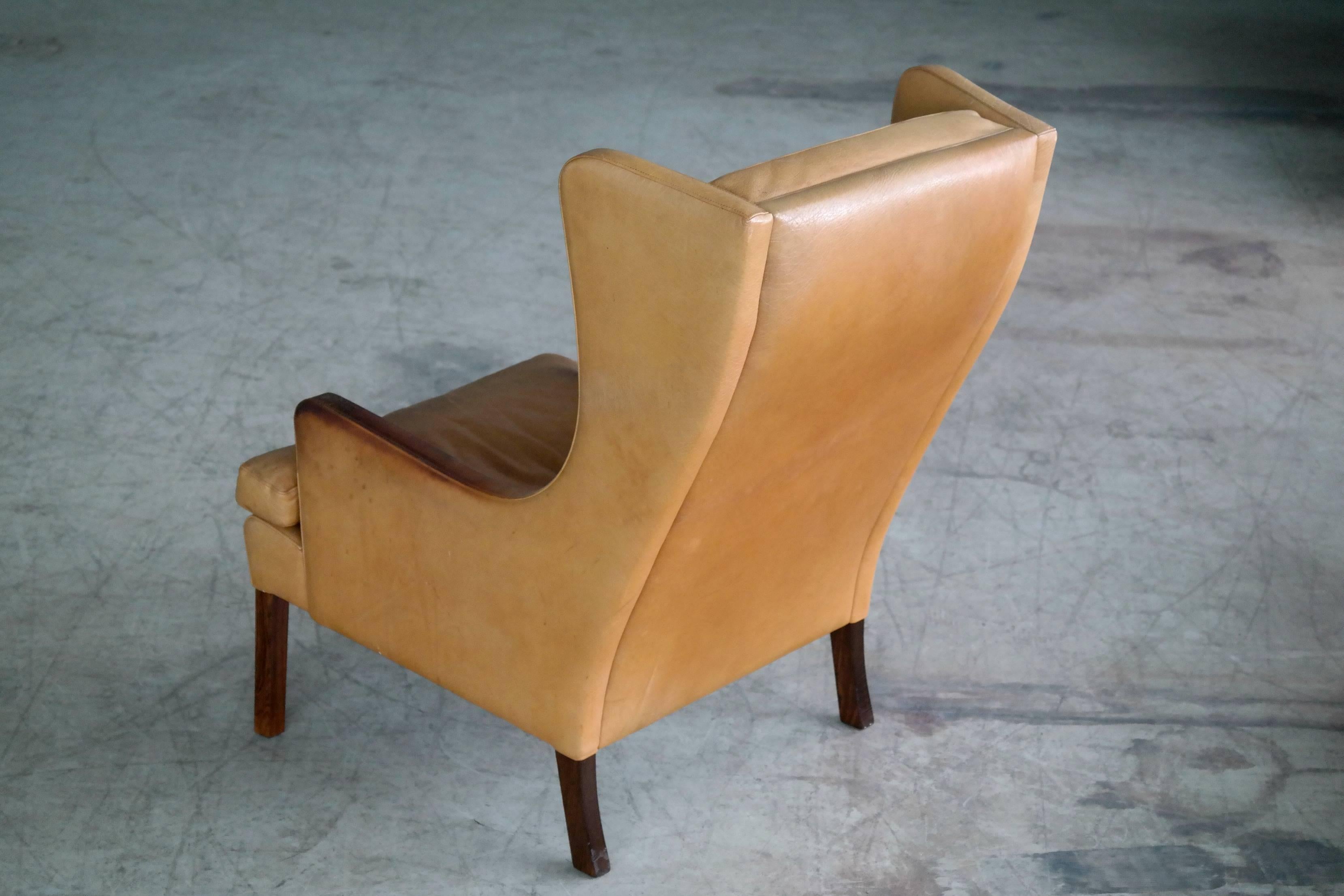 Borge Mogensen Style Wingback Lounge Chair and Ottoman in Butterscotch Leather 2