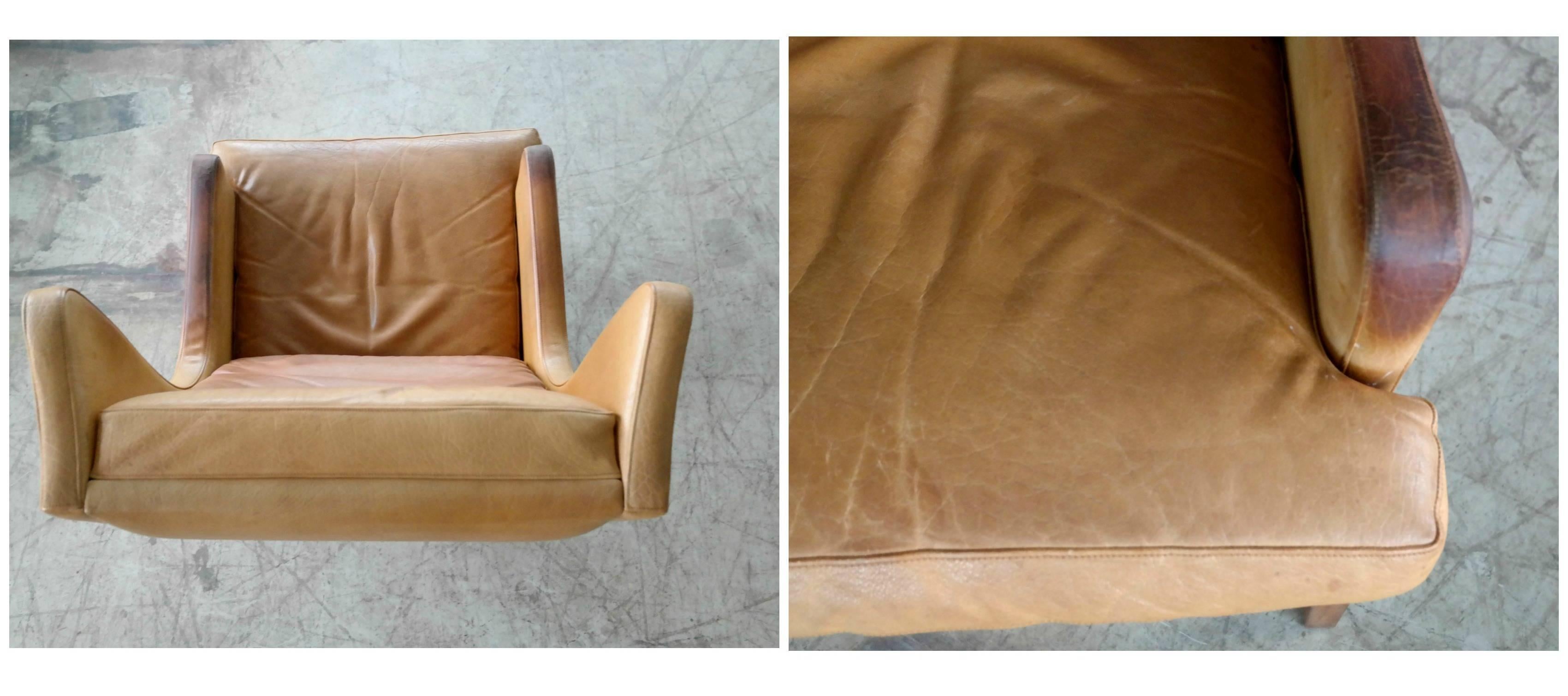 Borge Mogensen Style Wingback Lounge Chair and Ottoman in Butterscotch Leather 5