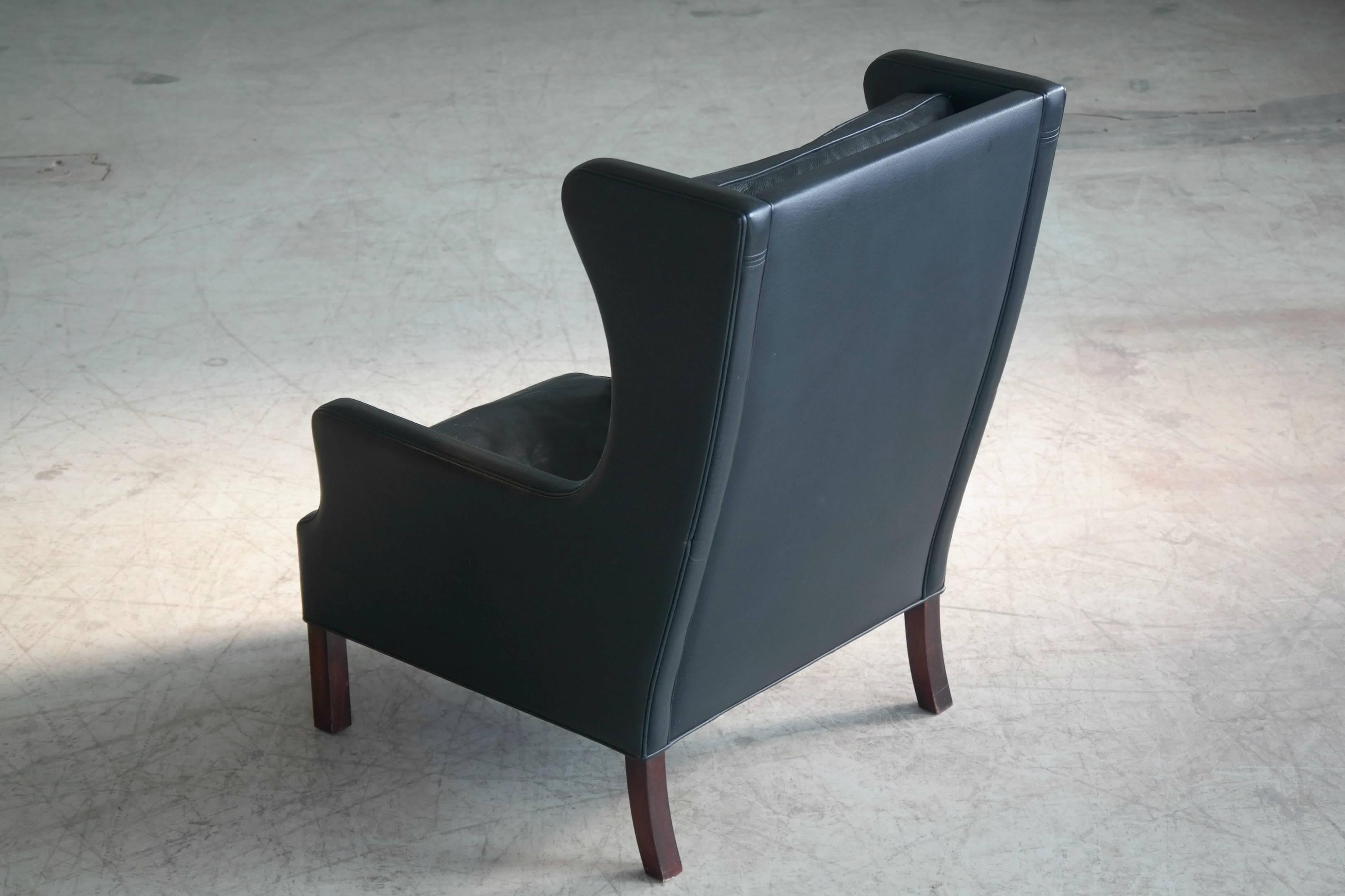Borge Mogensen Style High Back Lounge Chair and Ottoman in Black Leather 3