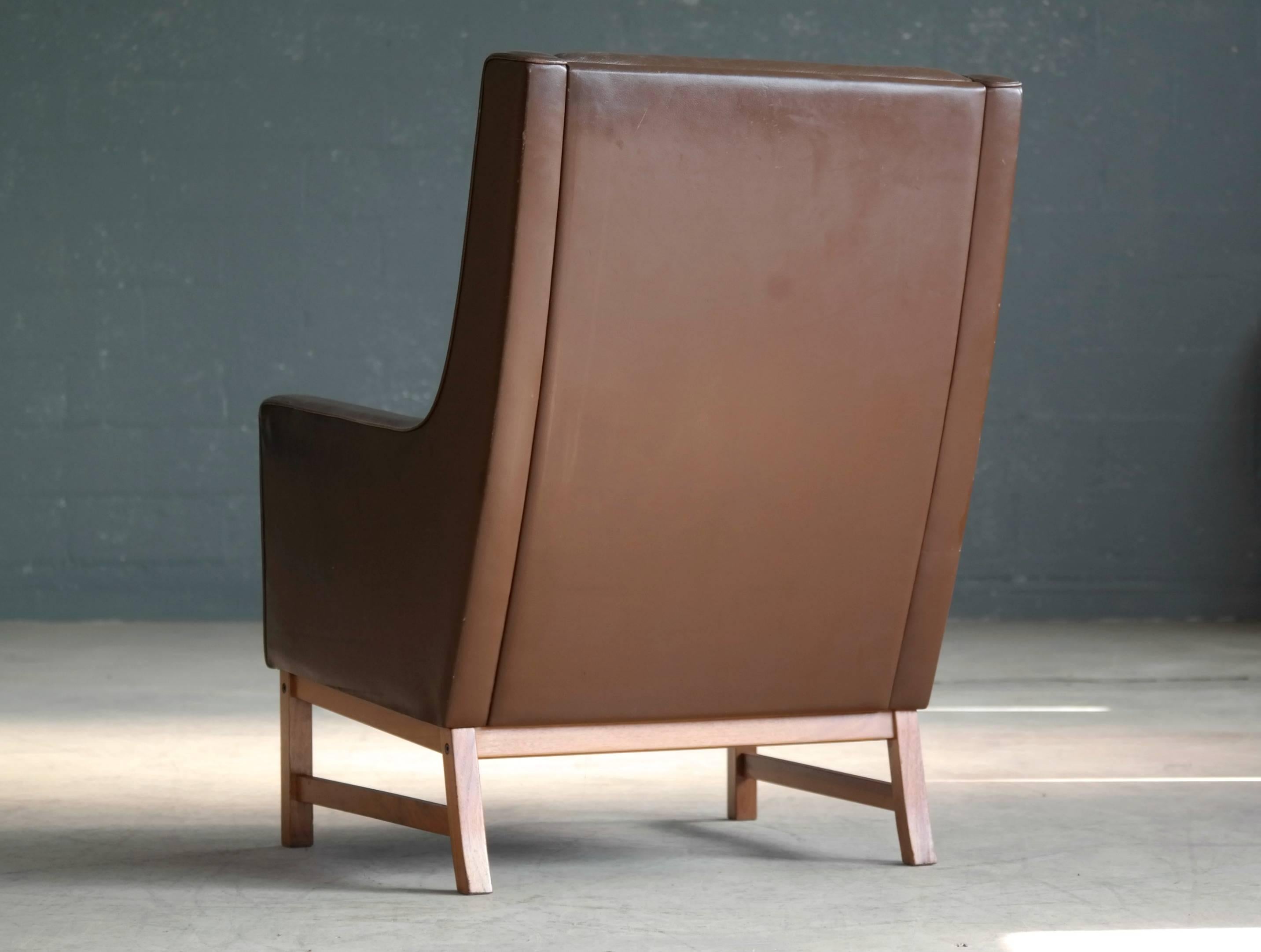 Midcentury Kai Lyngfeldt Larsen Style High Back Lounge Chair in Brown Leather 3