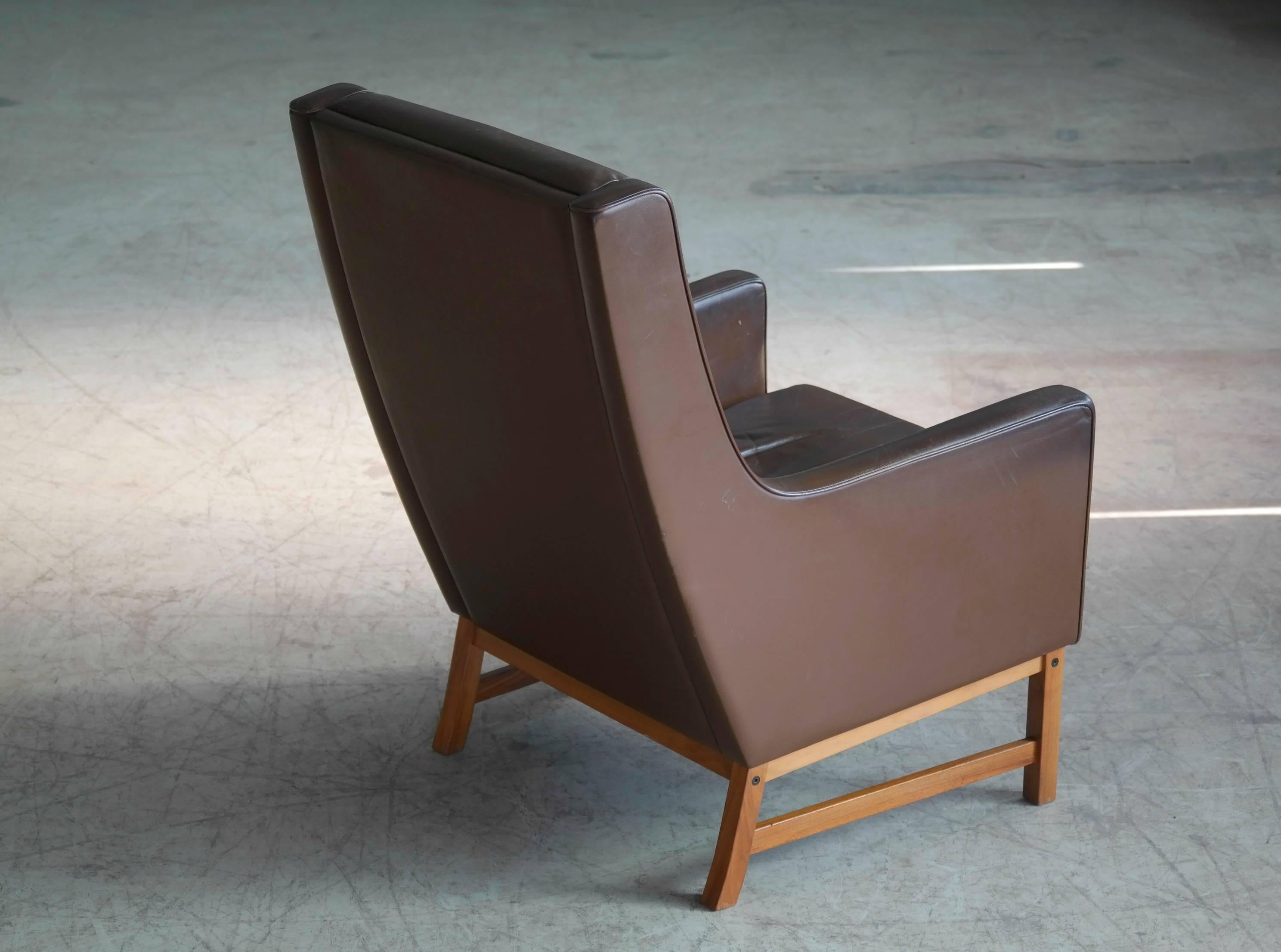 Midcentury Kai Lyngfeldt Larsen Style High Back Lounge Chair in Brown Leather 2