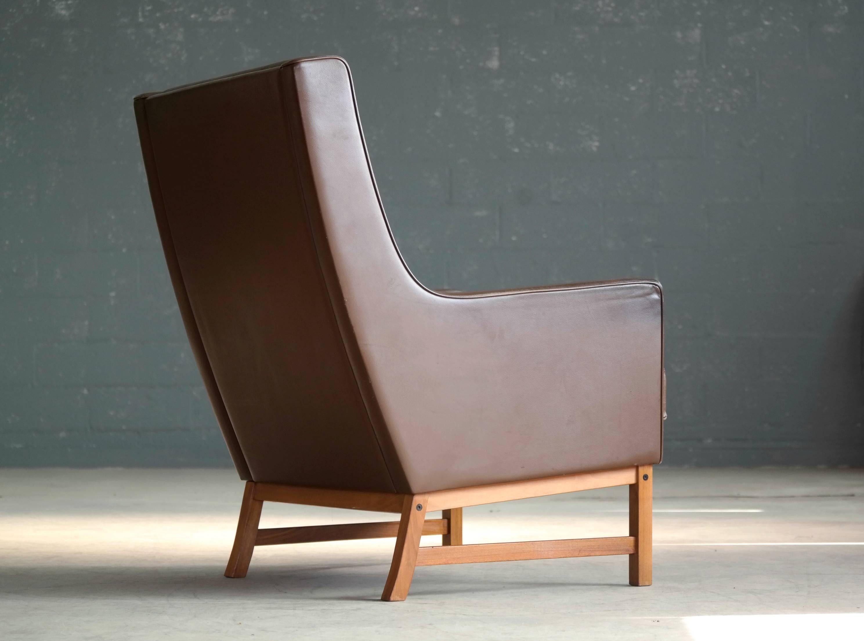 Midcentury Kai Lyngfeldt Larsen Style High Back Lounge Chair in Brown Leather 1