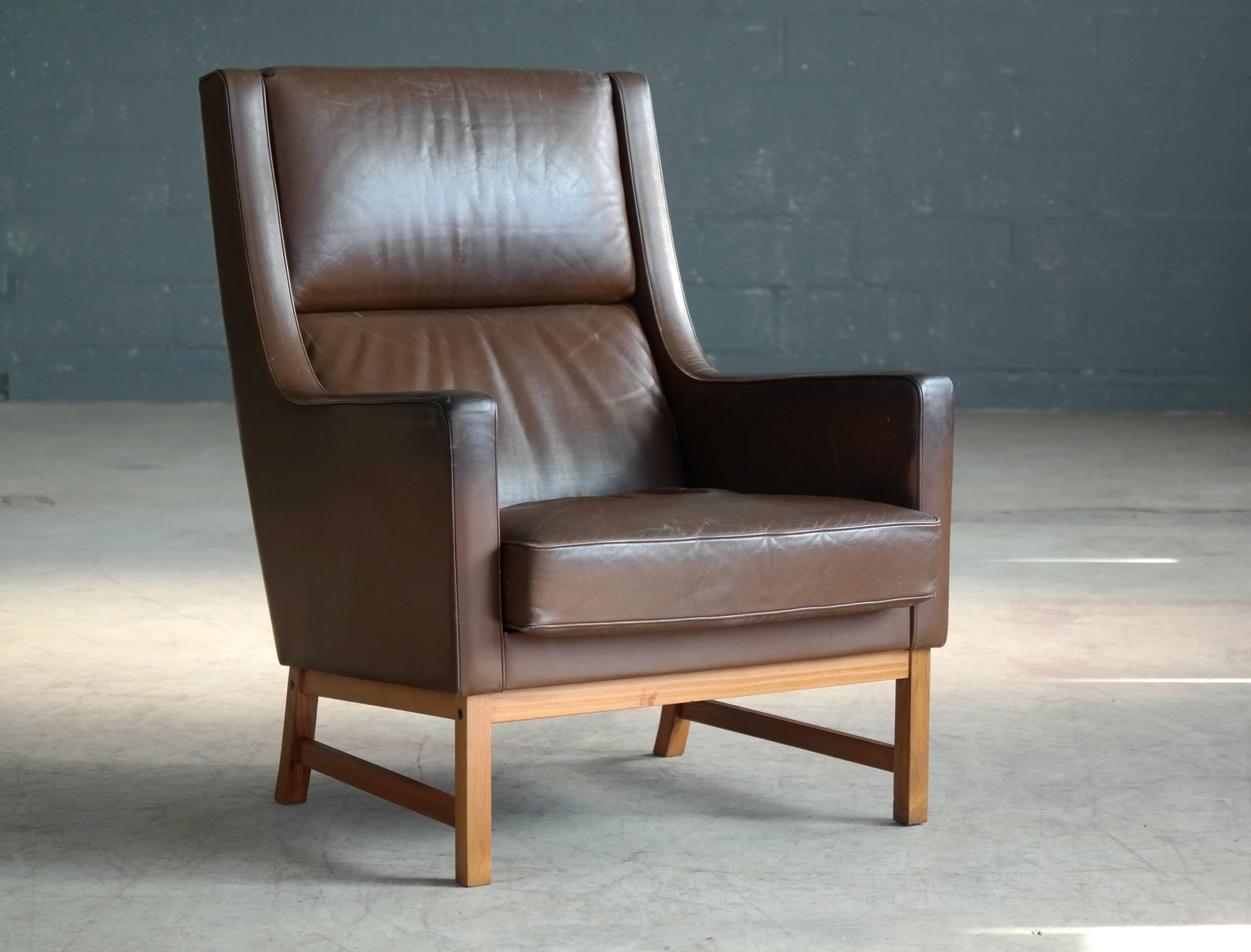 Danish Midcentury Kai Lyngfeldt Larsen Style High Back Lounge Chair in Brown Leather