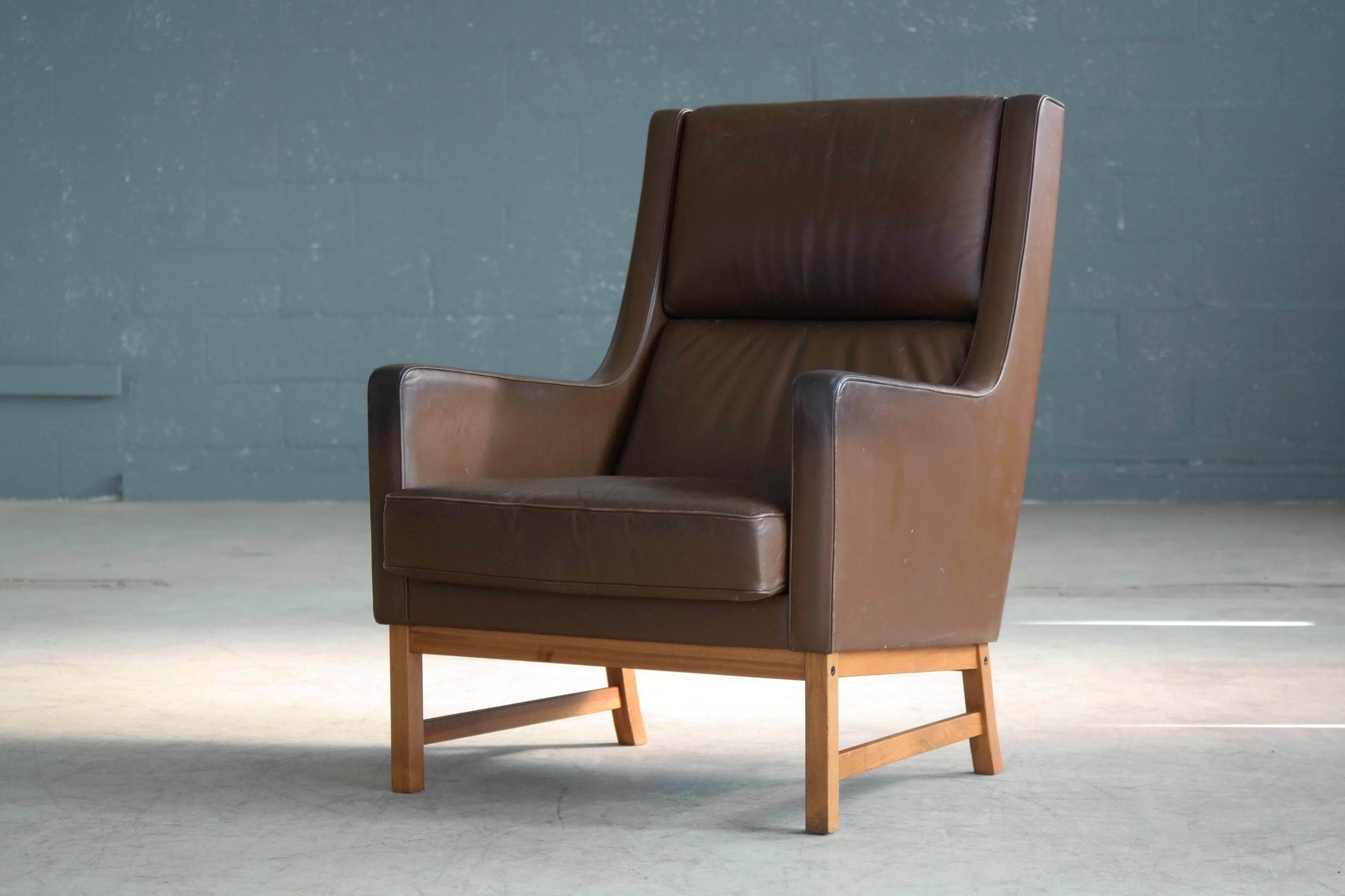 Mid-Century Modern Midcentury Kai Lyngfeldt Larsen Style High Back Lounge Chair in Brown Leather