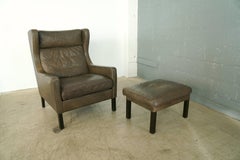 Borge Mogensen Style High Back Lounge Chair and Ottoman in Dark Olive Leather