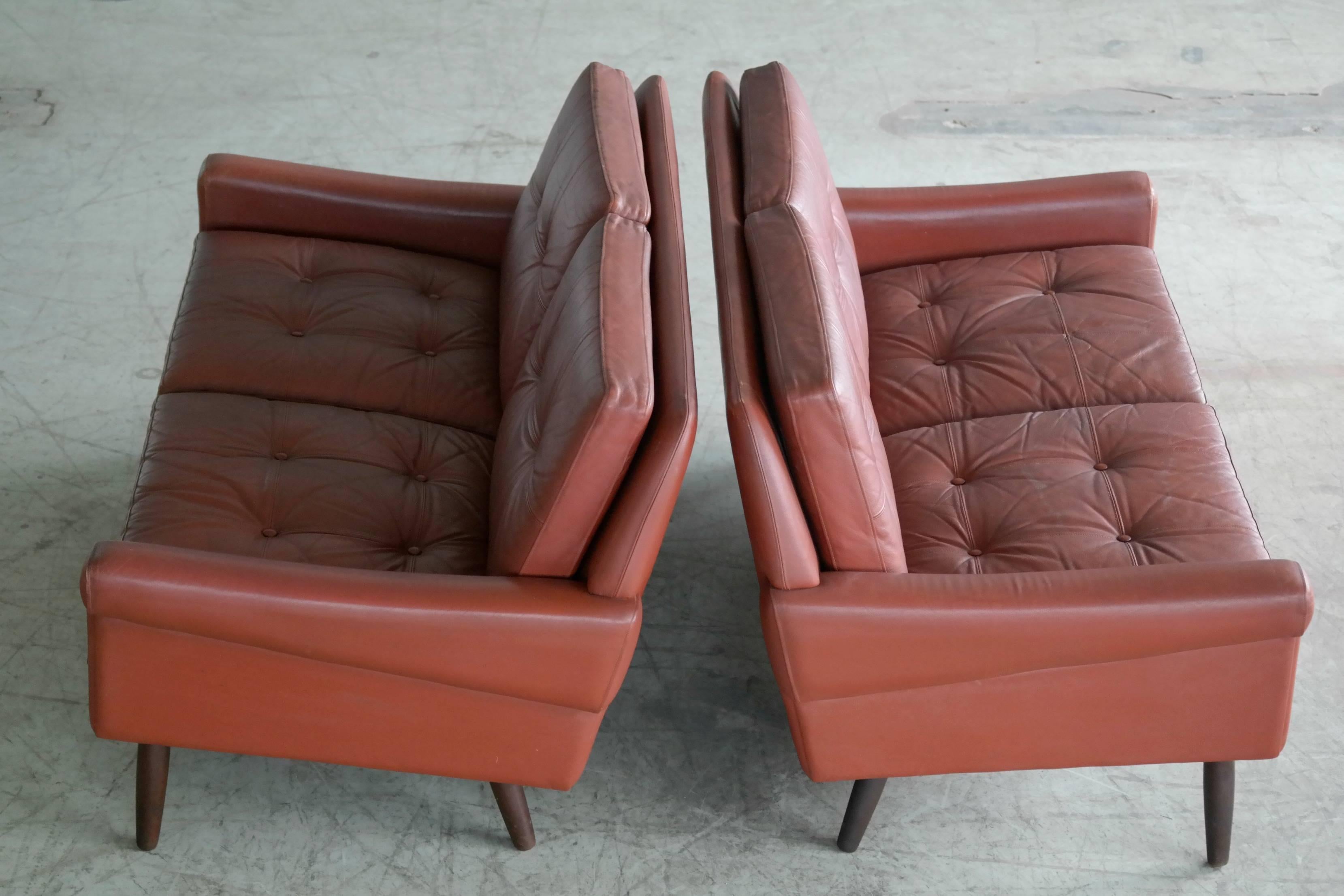 Danish Pair of Sven Skipper 1960s Loveseats or Sofas in Reddish Brown Leather and Teak