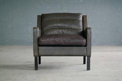 Borge Mogensen Style Low Back Lounge Chair in Dark Olive Leather by Georg Thams