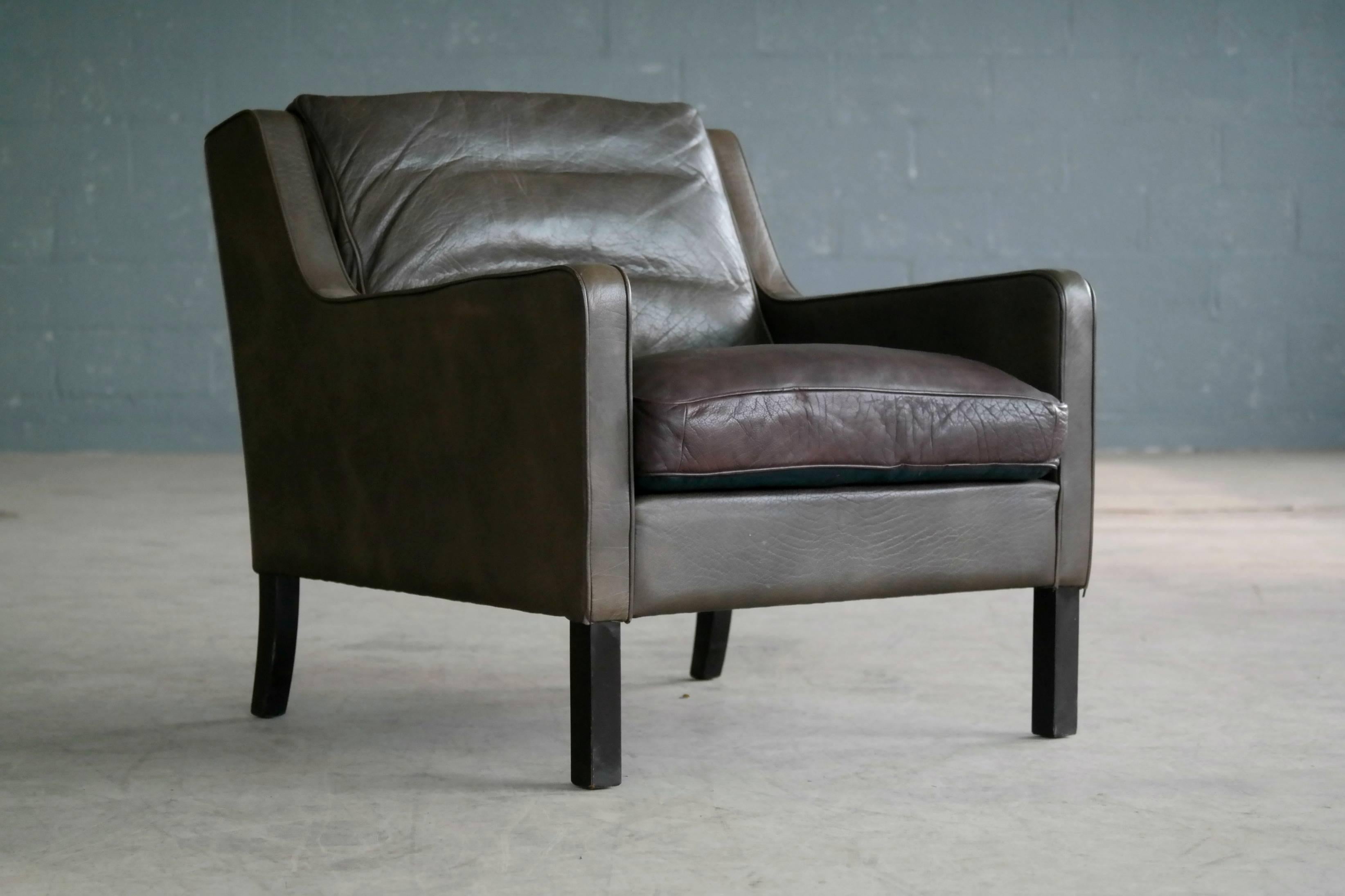 Danish Borge Mogensen Style Low Back Lounge Chair in Dark Olive Leather by Georg Thams