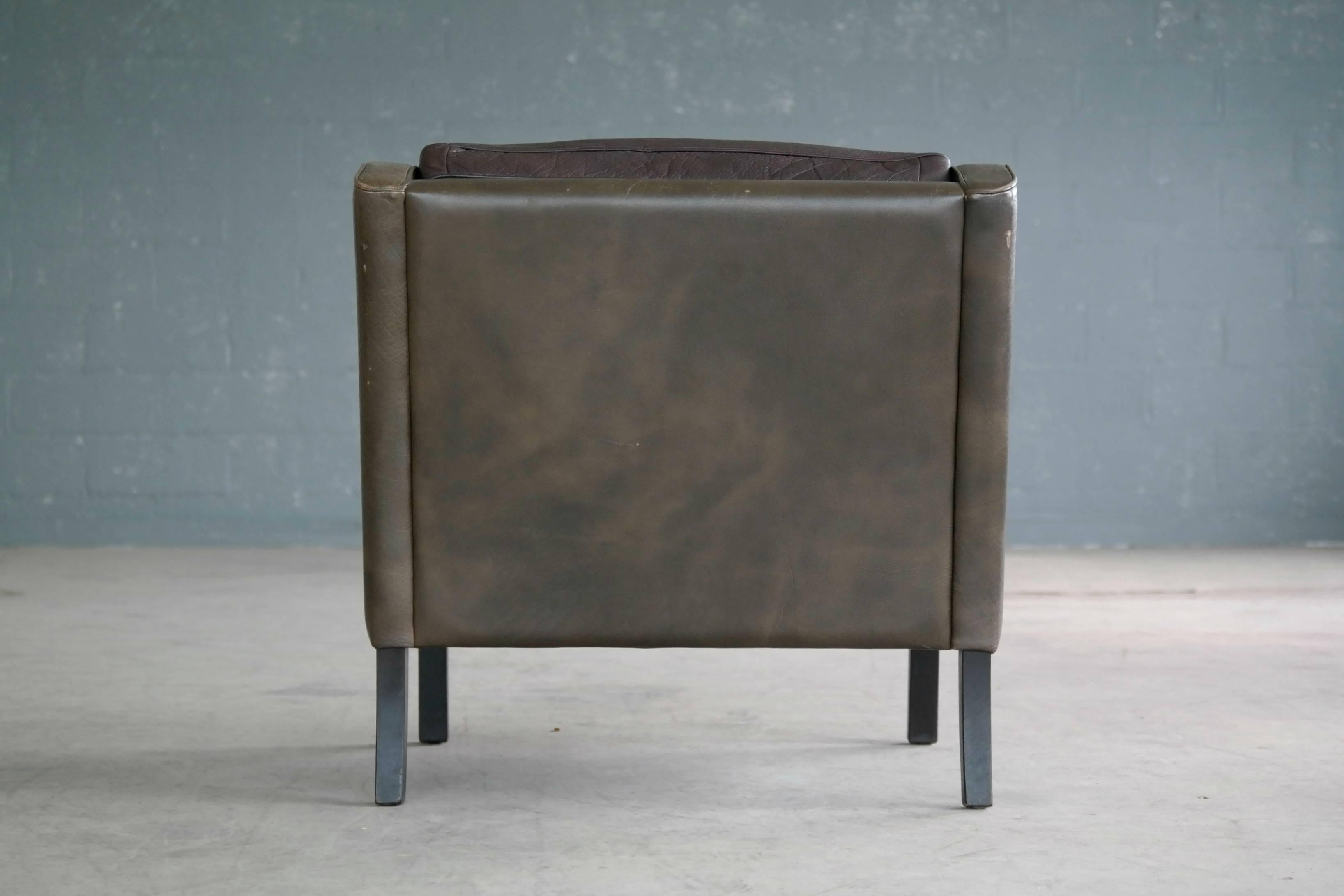 Borge Mogensen Style Low Back Lounge Chair in Dark Olive Leather by Georg Thams 1