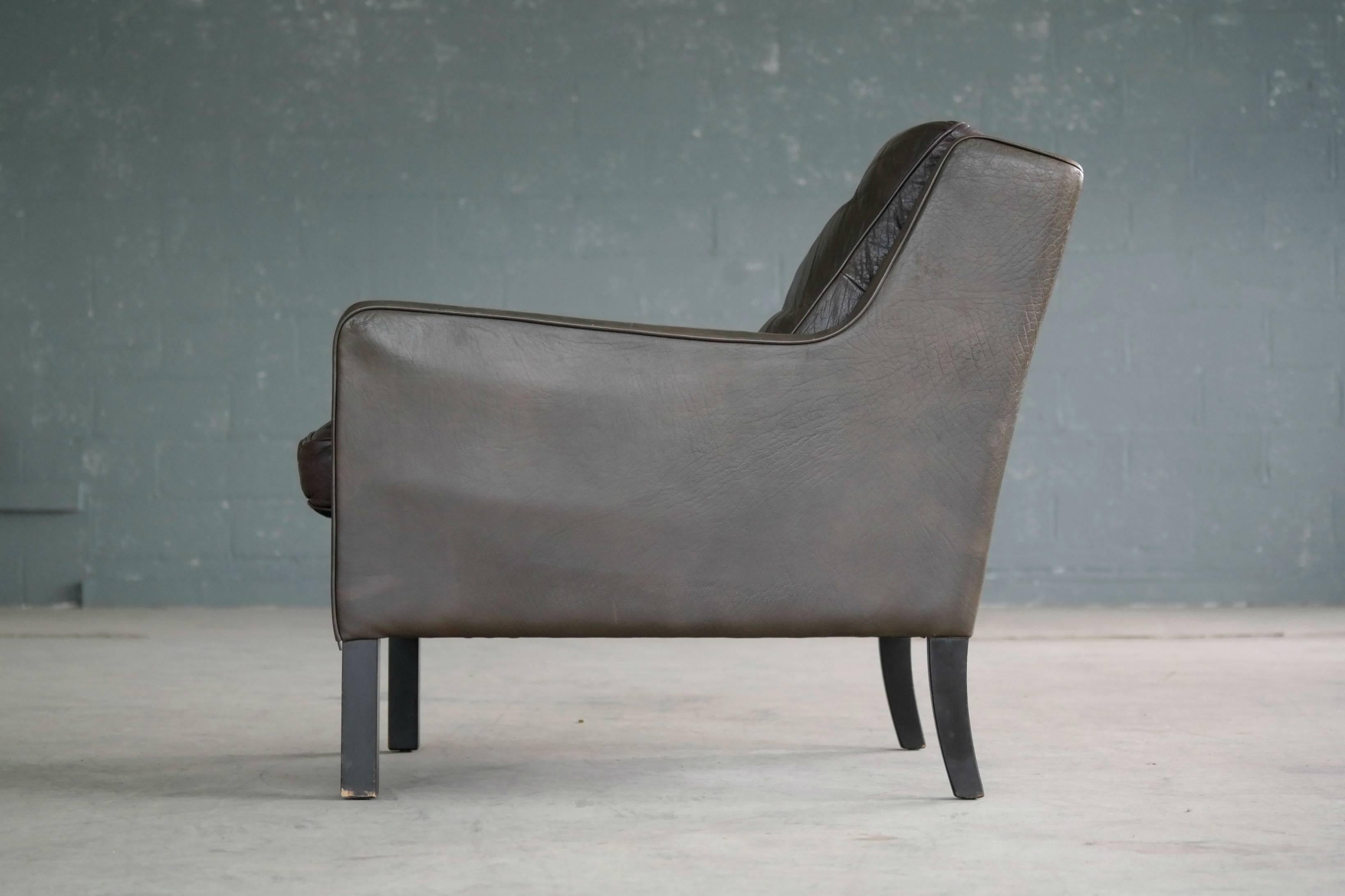 Borge Mogensen Style Low Back Lounge Chair in Dark Olive Leather by Georg Thams 2