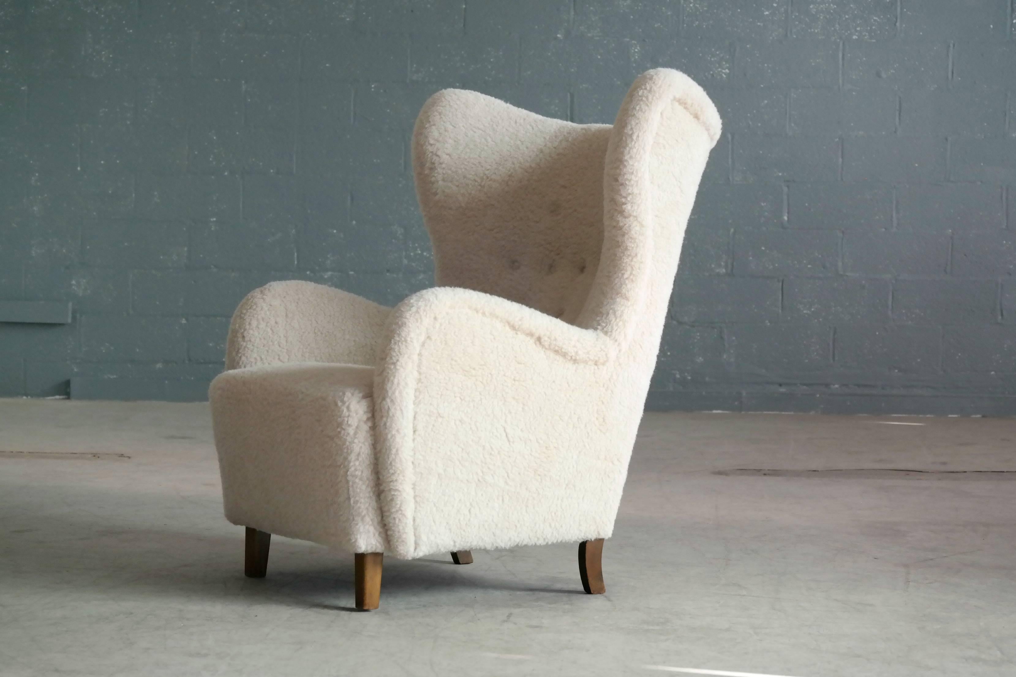 Mid-20th Century Flemming Lassen High Back Lounge Chair in Lambs Wool Danish Midcentury