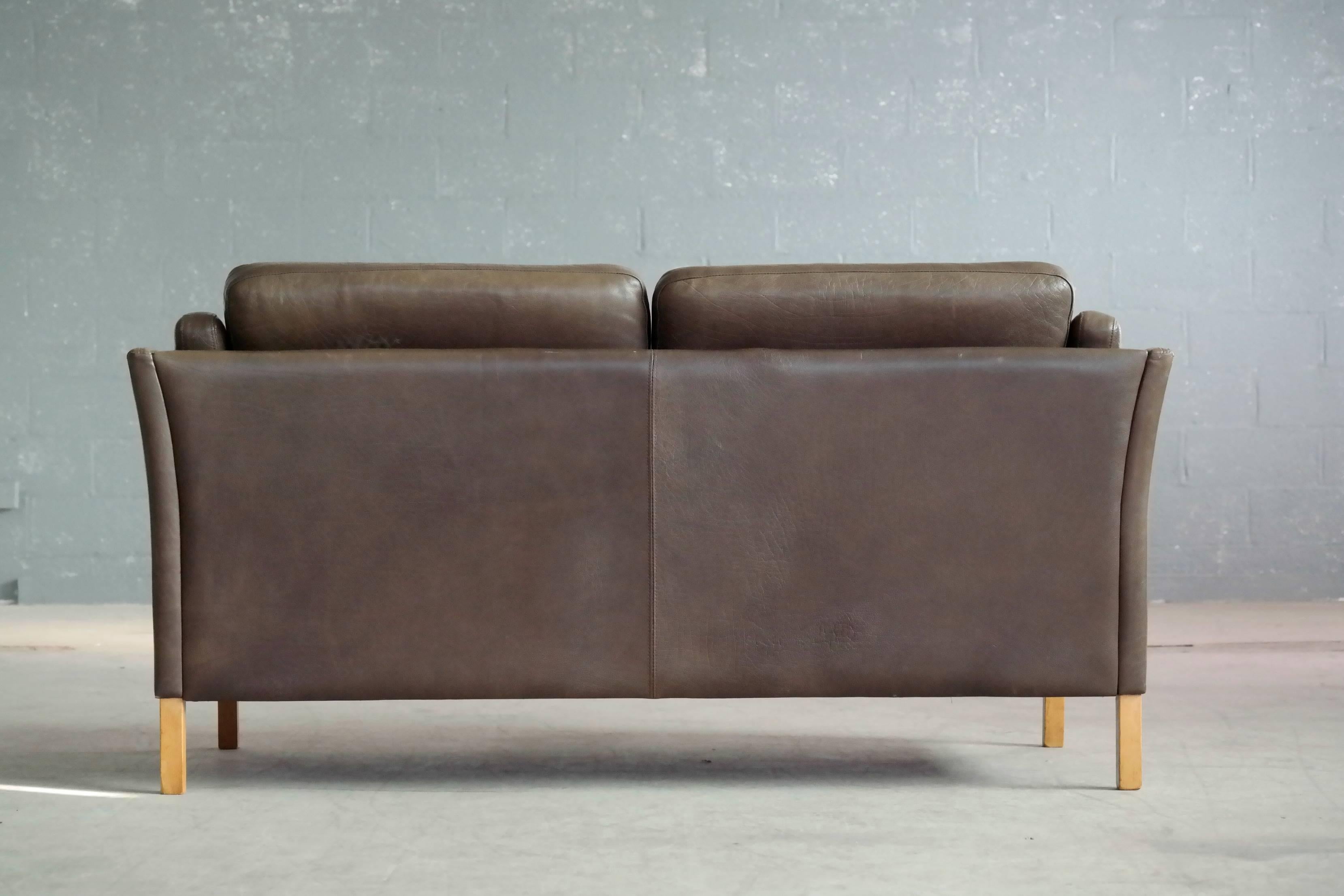 Borge Mogensen Style Danish Loveseat in Olive Buffalo Leather by Georg Thams 1