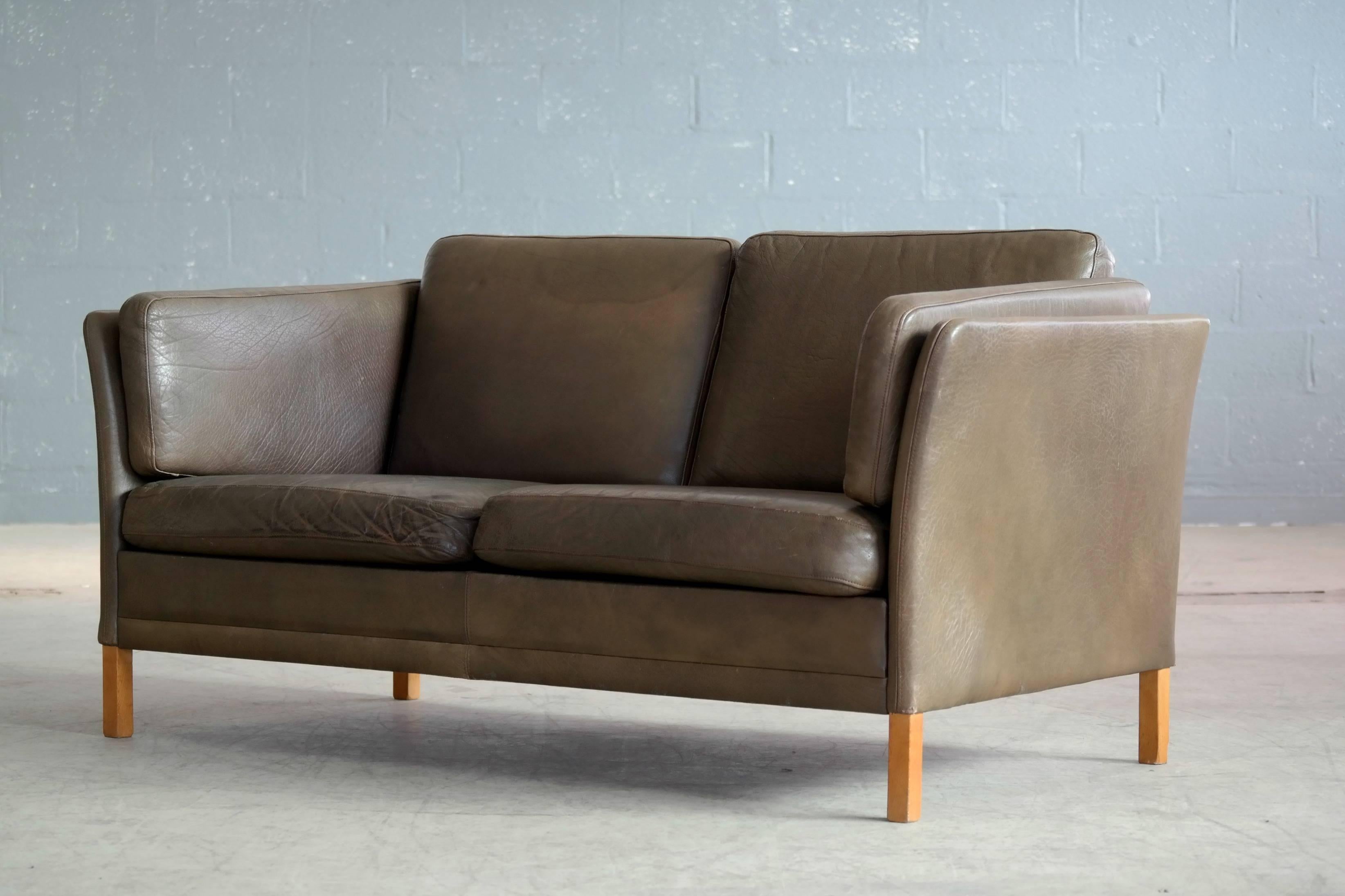 Mid-Century Modern Borge Mogensen Style Danish Loveseat in Olive Buffalo Leather by Georg Thams