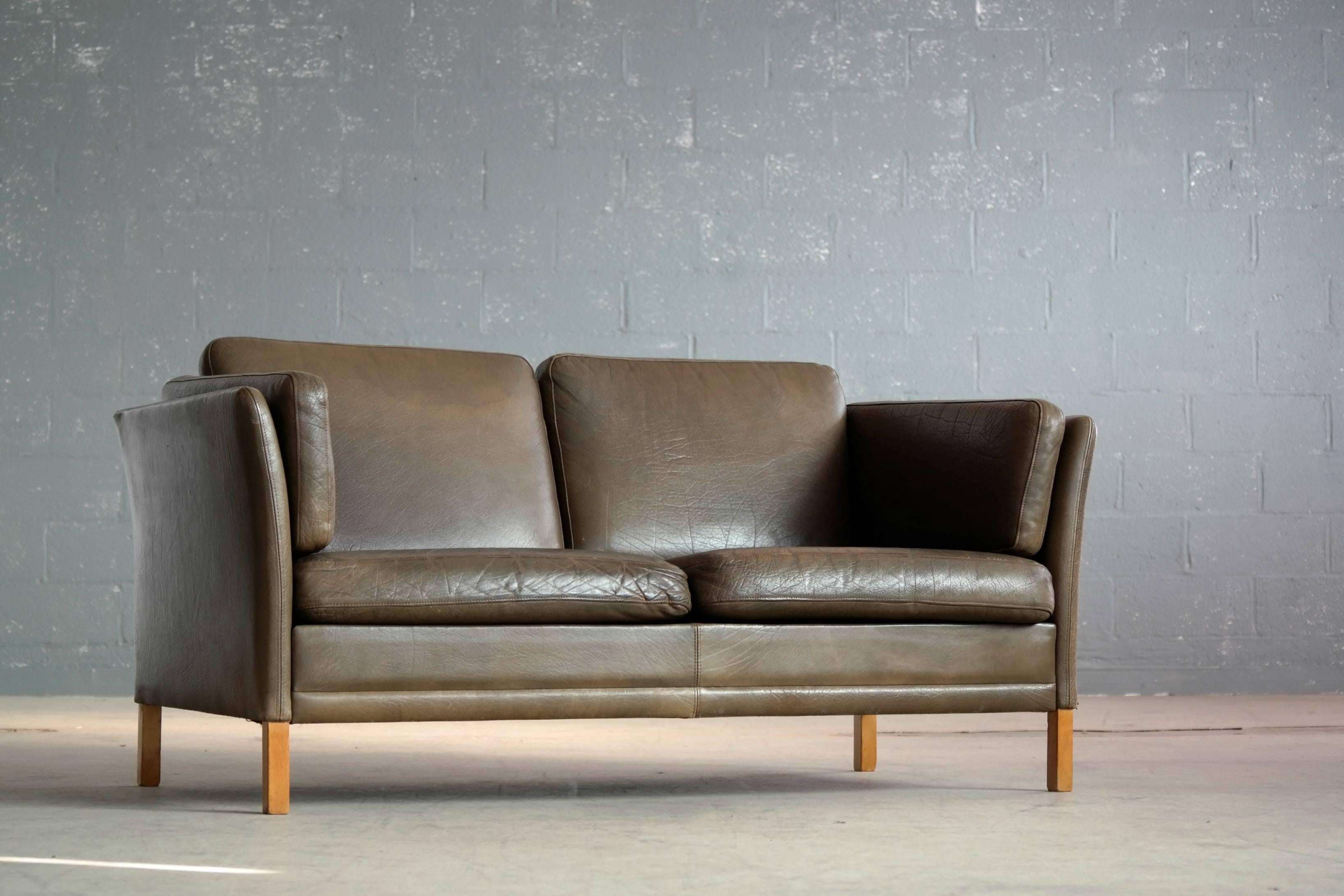 Borge Mogensen Style Danish Loveseat in Olive Buffalo Leather by Georg Thams 3