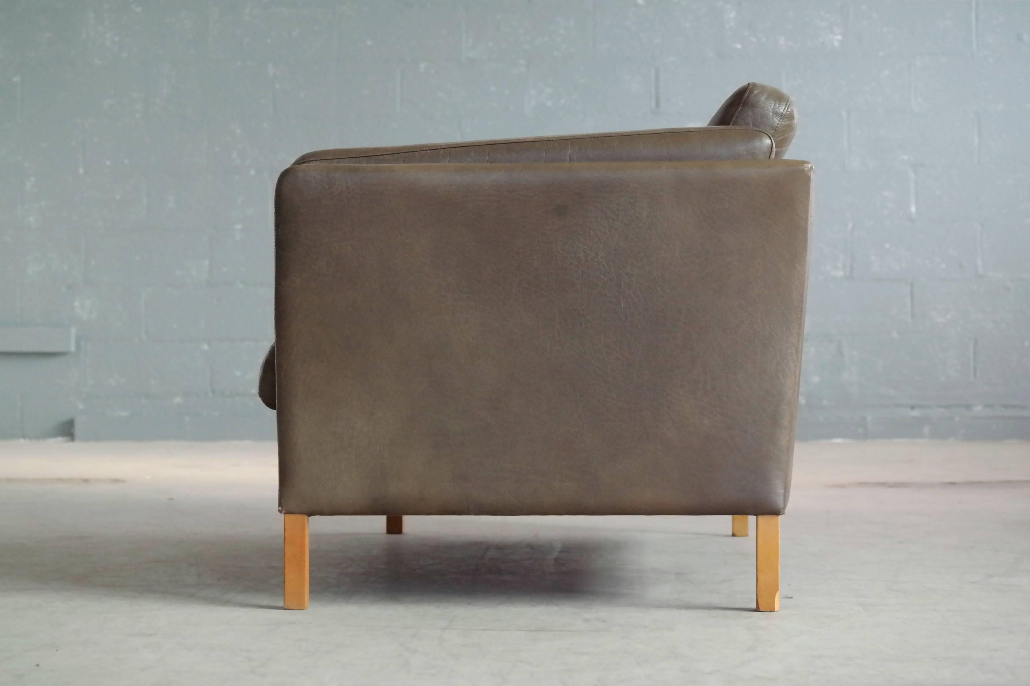 Borge Mogensen Style Danish Loveseat in Olive Buffalo Leather by Georg Thams 4