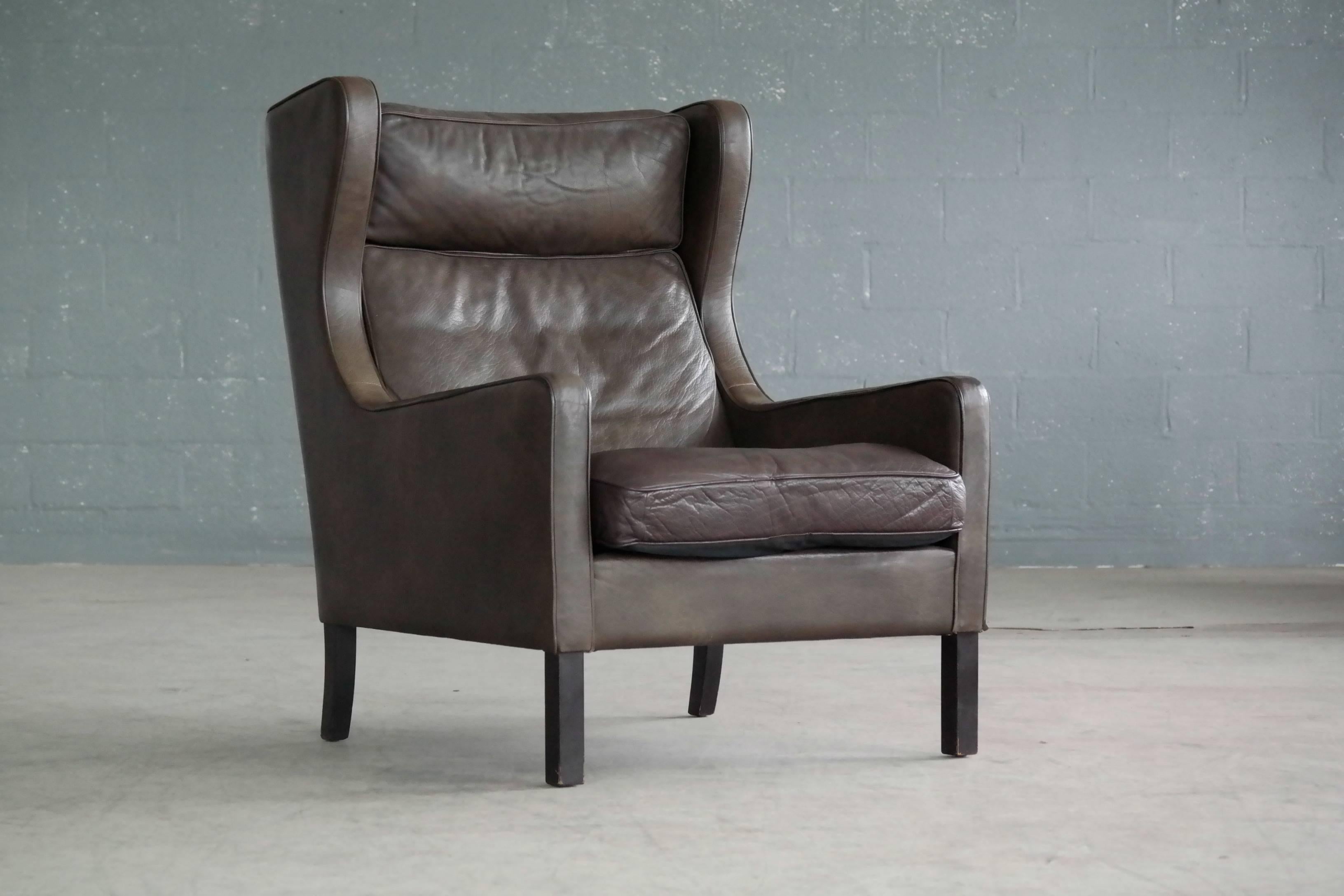 Danish Børge Mogensen Style Pair of Lounge Chairs and Ottoman in Dark Olive Leather