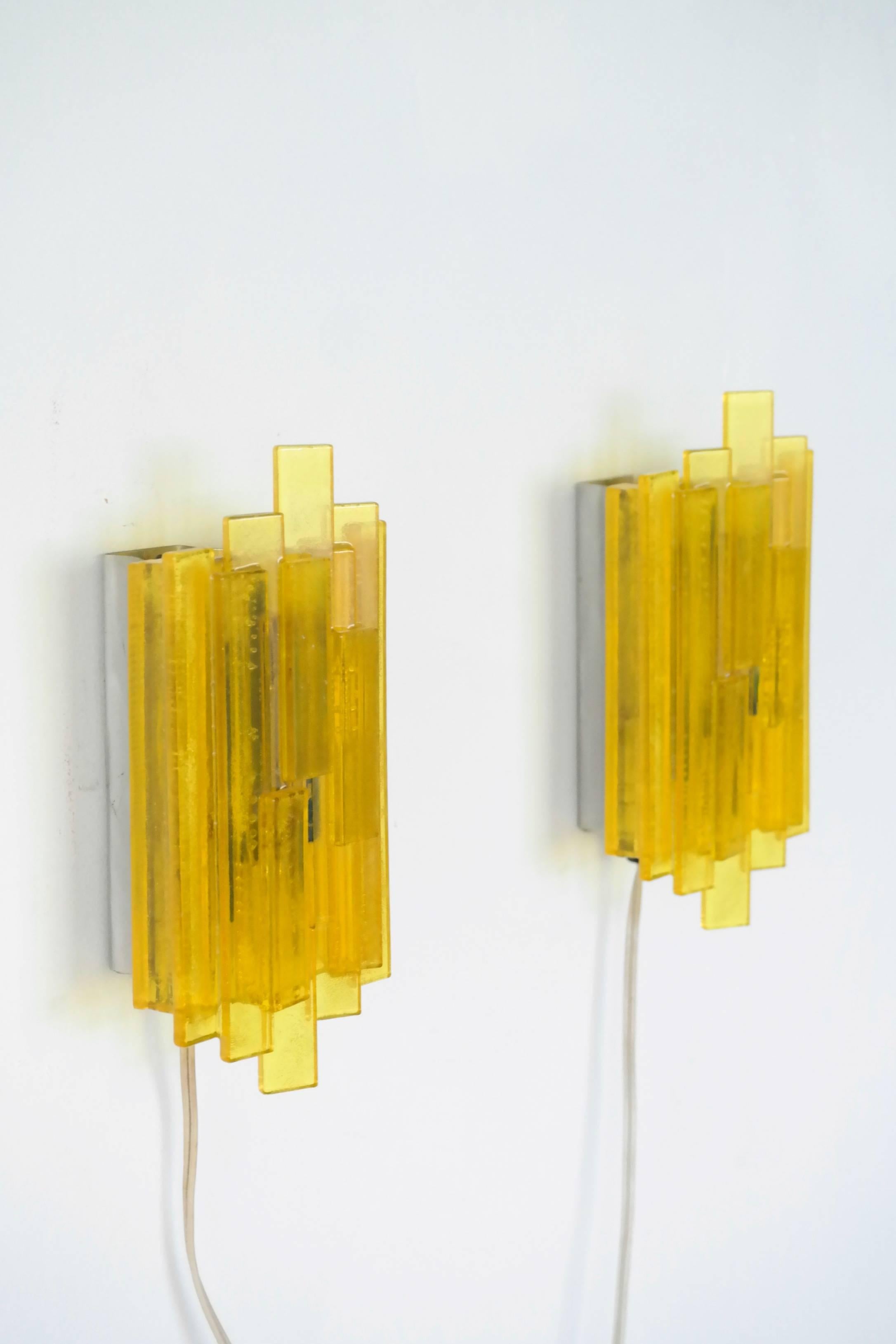 Mid-20th Century Pair of Danish Midcentury Space Age Yellow Acrylic Wall Sconces by Claus Bolby