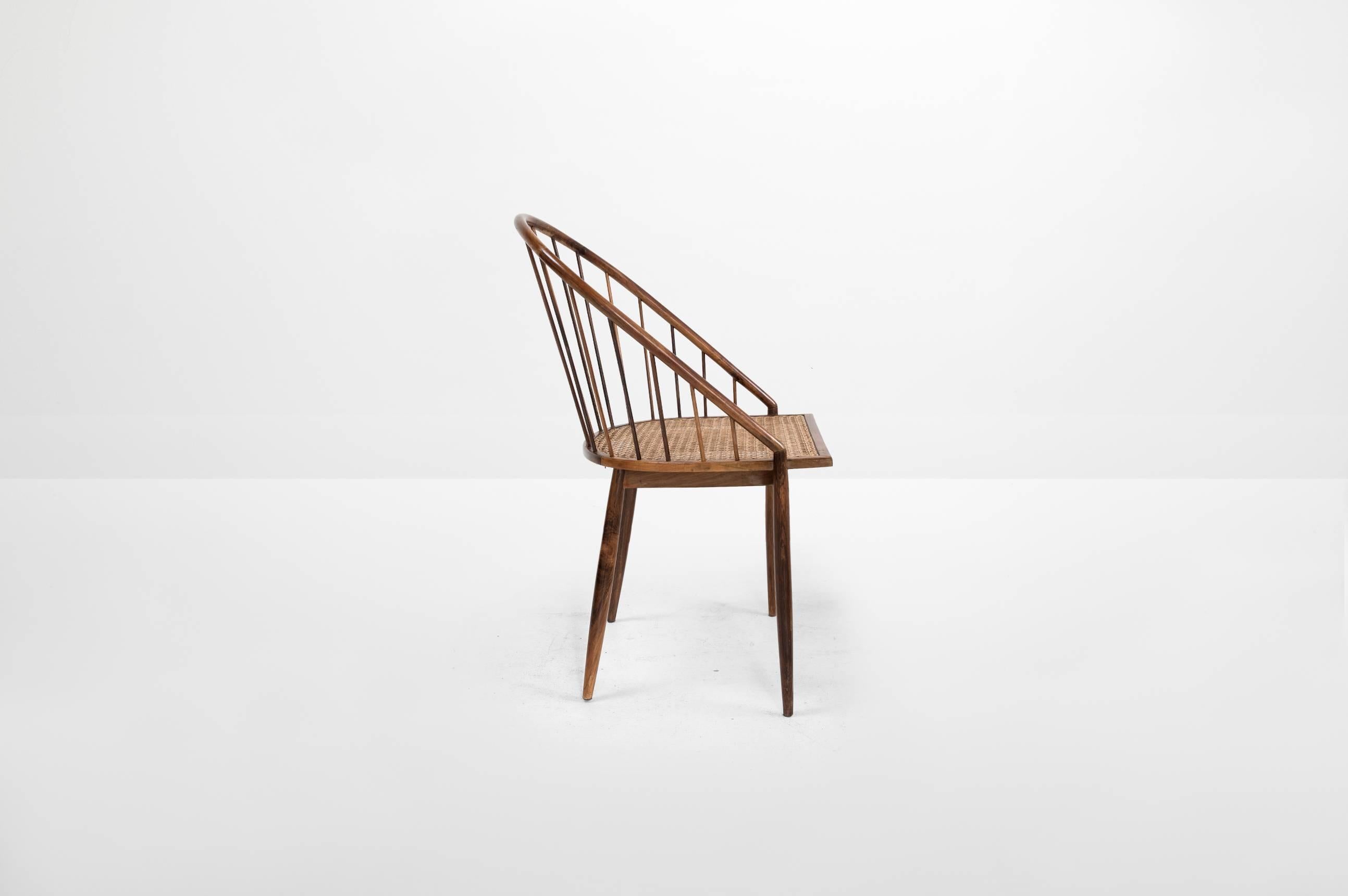 Joaquim Tenreiro (1906-1992)

Single chair
Manufactured by Tenreiro Movèis & Decorações
Brazil, 1960
Jacaranda, cane

Measurements
50 cm x 53 cm x 80 H cm
19.7 in x 20.7 in x 31.5 H in

Literature
Soraia Cals, Tenreiro, Rio de Janeiro,