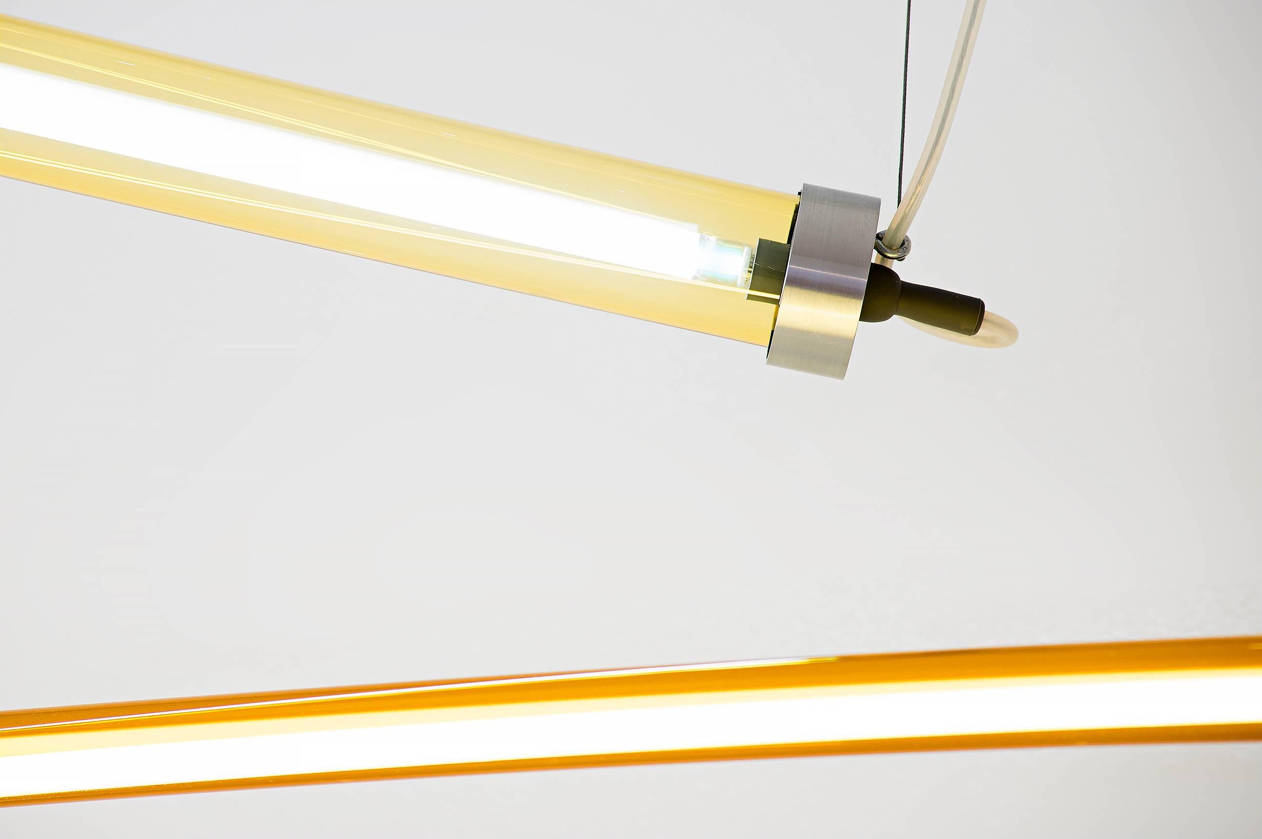 Sabine Marcelis

Ceiling lamps model “Horizontal Long”
From the series “RAY”
Manufactured by Sabine Marcelis
Produced in exclusive for side gallery
Rotterdam, The Netherlands 2017
Colored glass tubes, white neon

Measurements
190 cm x 0,6