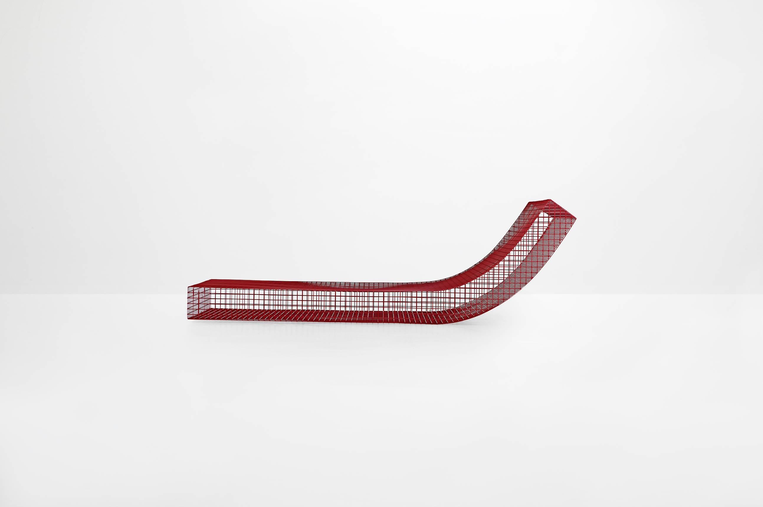 Muller Van Severen

Outdoor lounge chair model “Wire S #5”
Manufactured by Muller Van Severen
Produced for Side Gallery
Powder coated stainless steel in deep red

Measurements
177.5 cm x 60 cm x 51 H cm
69.6 in x 23.6 in x 20 H