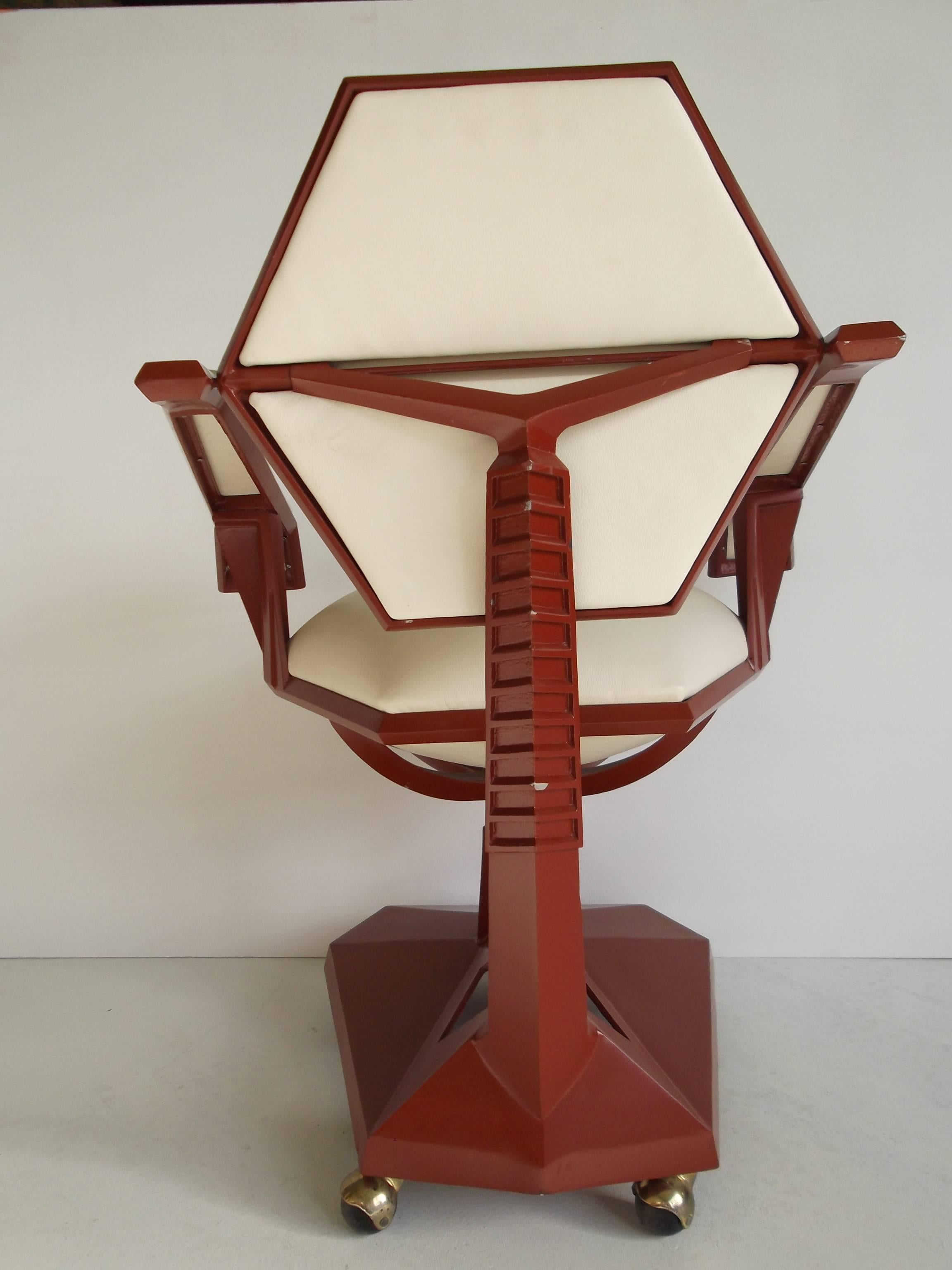 This is a fantastic version of a Frank Lloyd Wright chair, commissioned only for the Price Tower in Bartlesville, Oklahoma. I acquired it directly from Mrs. Price, years ago. It is in Cherokee Red, an actual FLW color! Of all the chair versions out