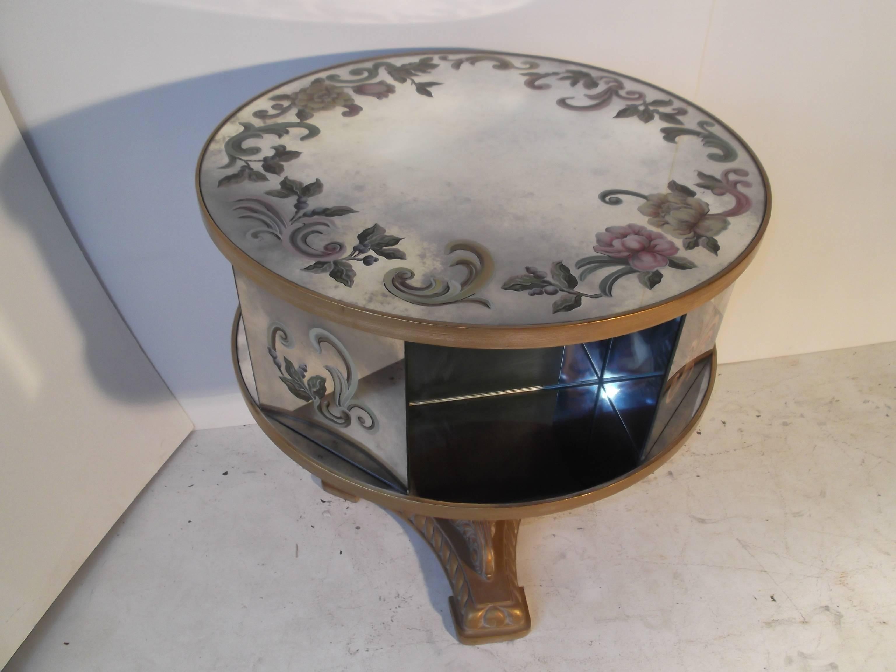 American Églomisé Rotating Drum Table with Mirrored Galleries For Sale