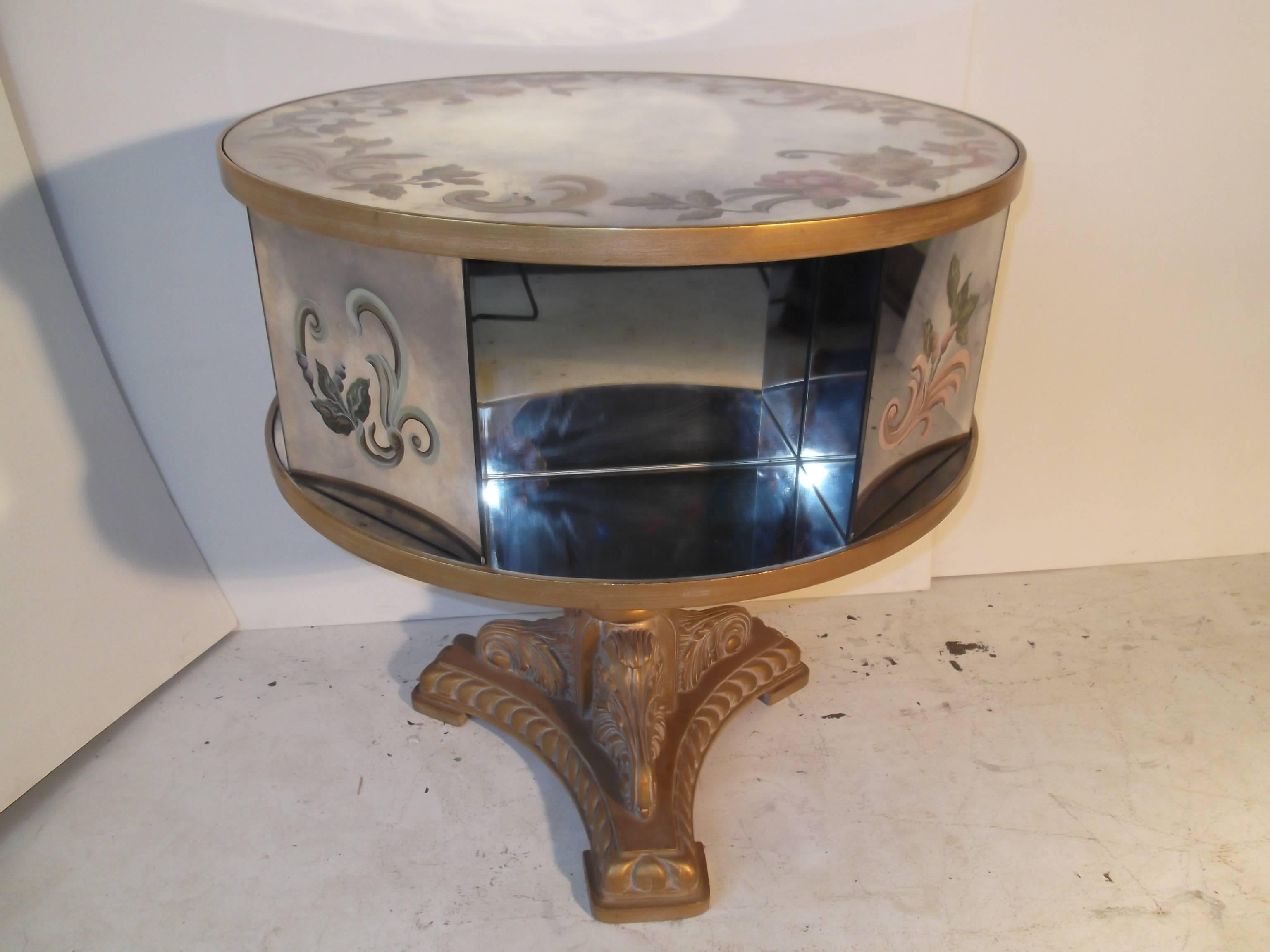 Carved Églomisé Rotating Drum Table with Mirrored Galleries For Sale