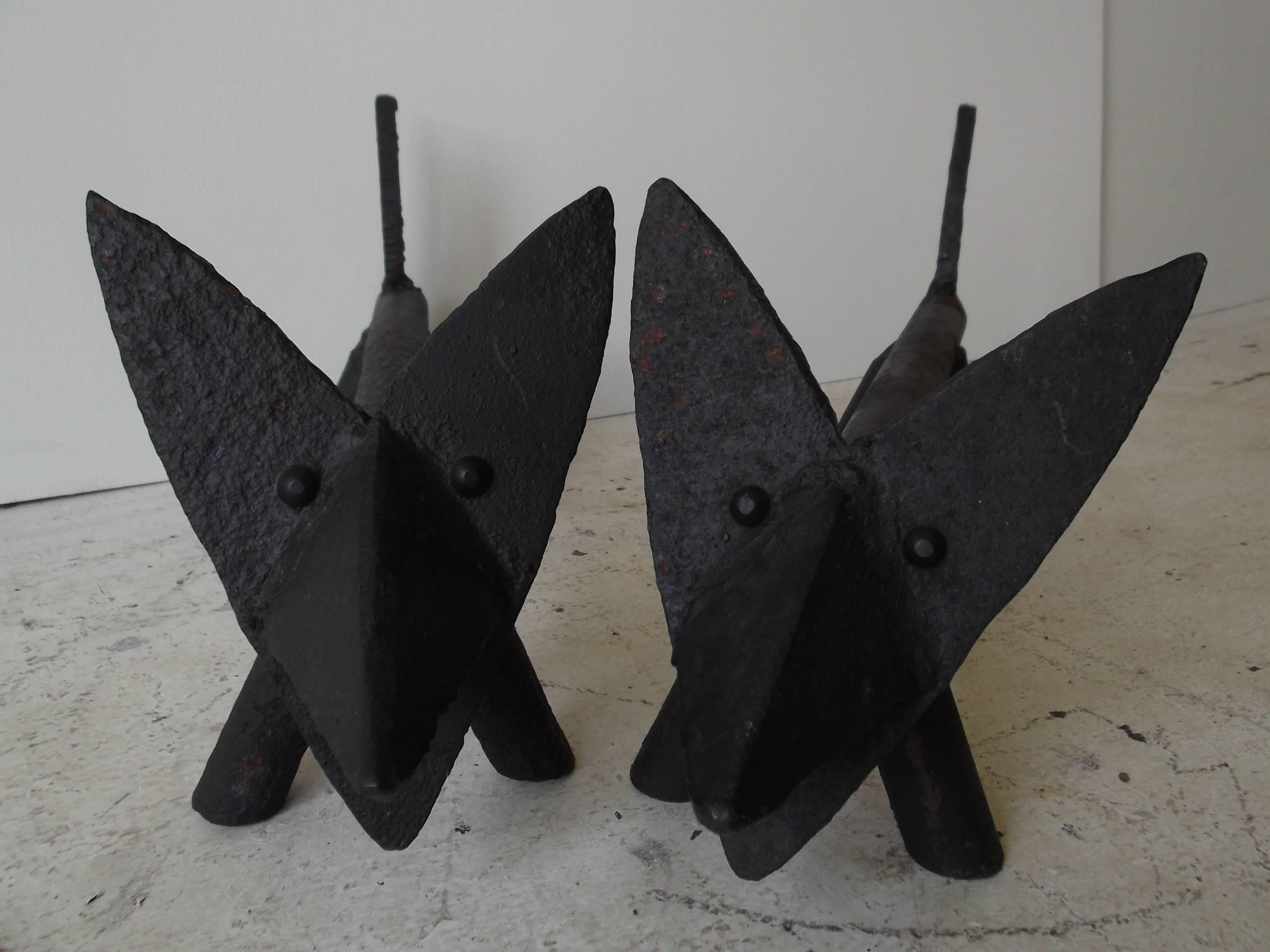 Wow! These little cuties would brighten up any fireplace! They look to be all handmade, solid iron. Possibly French with age, circa 1950s. Very good condition.