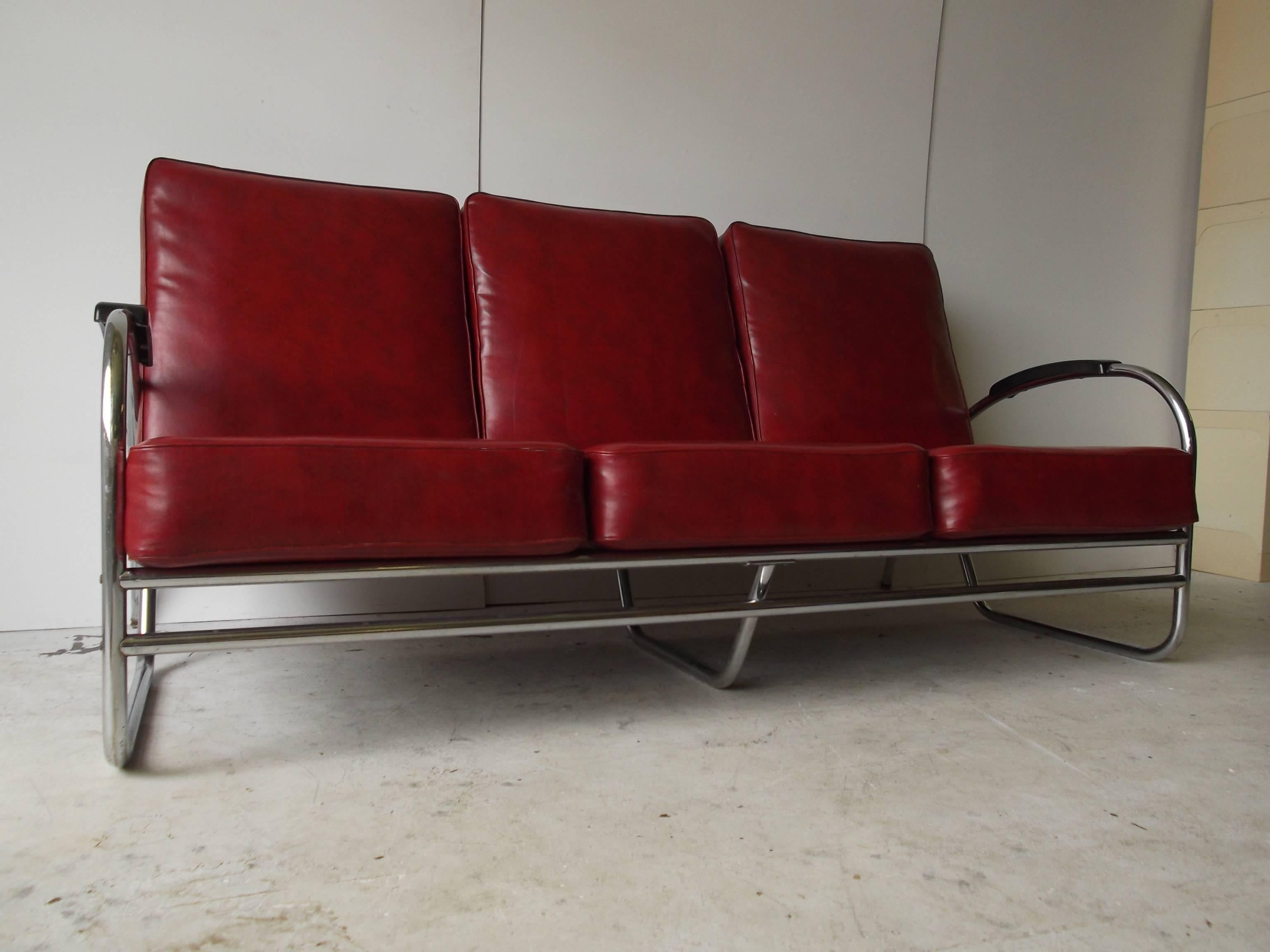 American Royal Metal Chrome Three-Seat Art Deco Sofa with Original Cushions