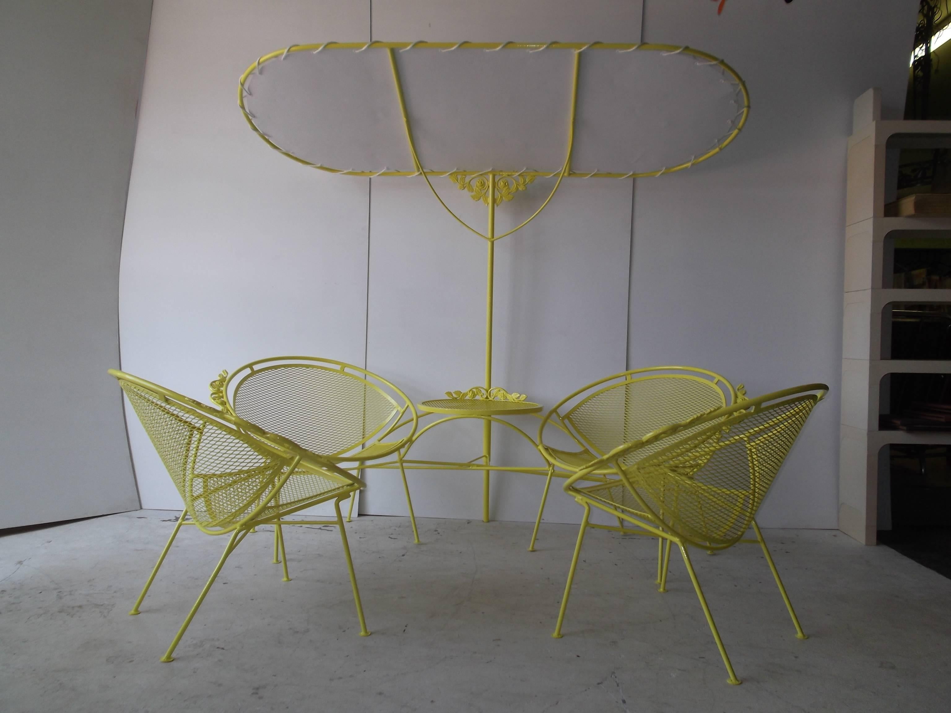 Canary yellow freshly powder coated Salterini Iron patio suite. Included are two lounges measuring 34