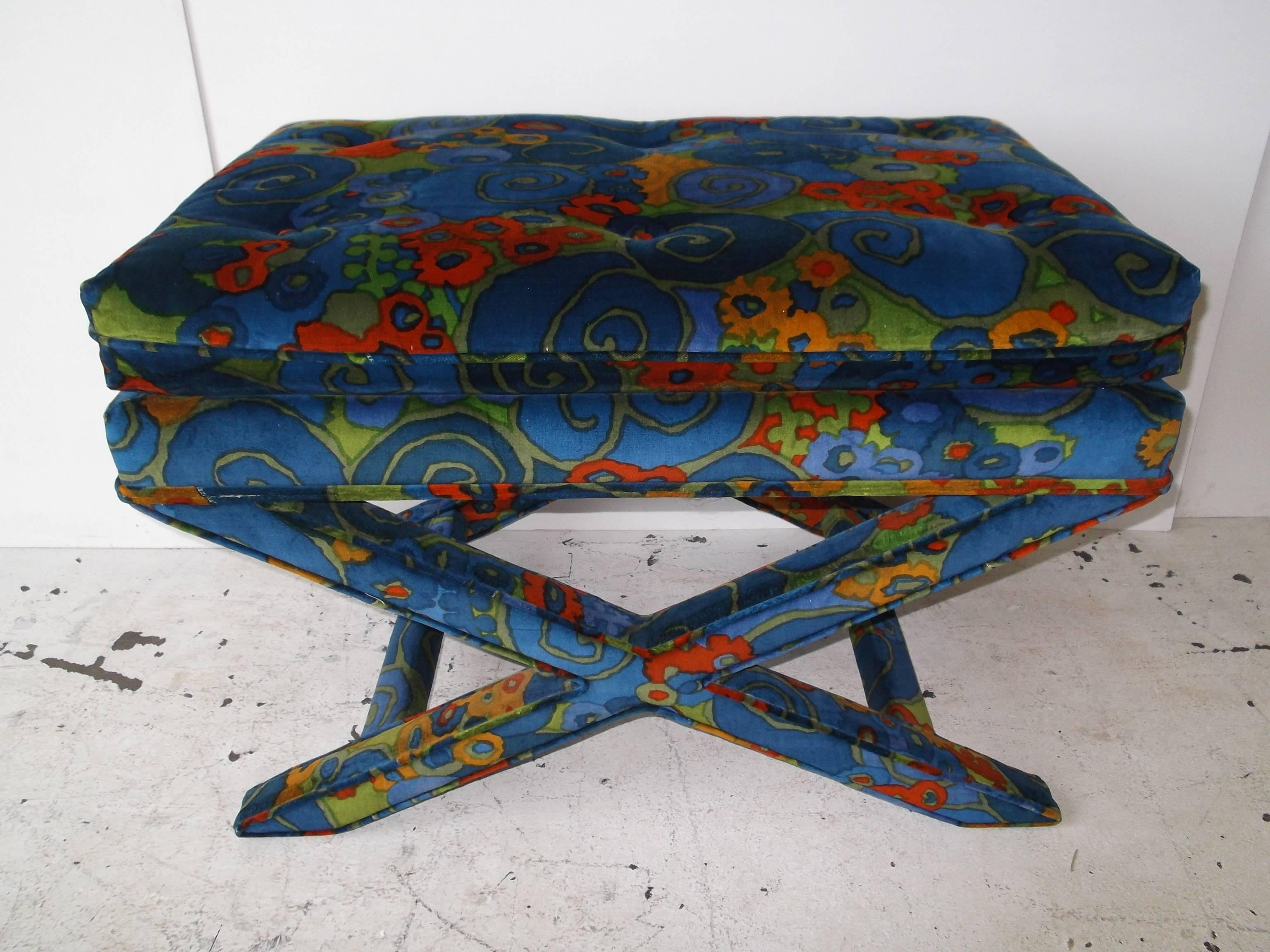 Wow! This is a stunning small X-base, upholstered leg bench seat. It features Jack Lenor Larsen original velvet in the fantastic Samarkand velvet. This has to be one of his best fabrics, in my opinion, and in the best color combo. I have sofa, out