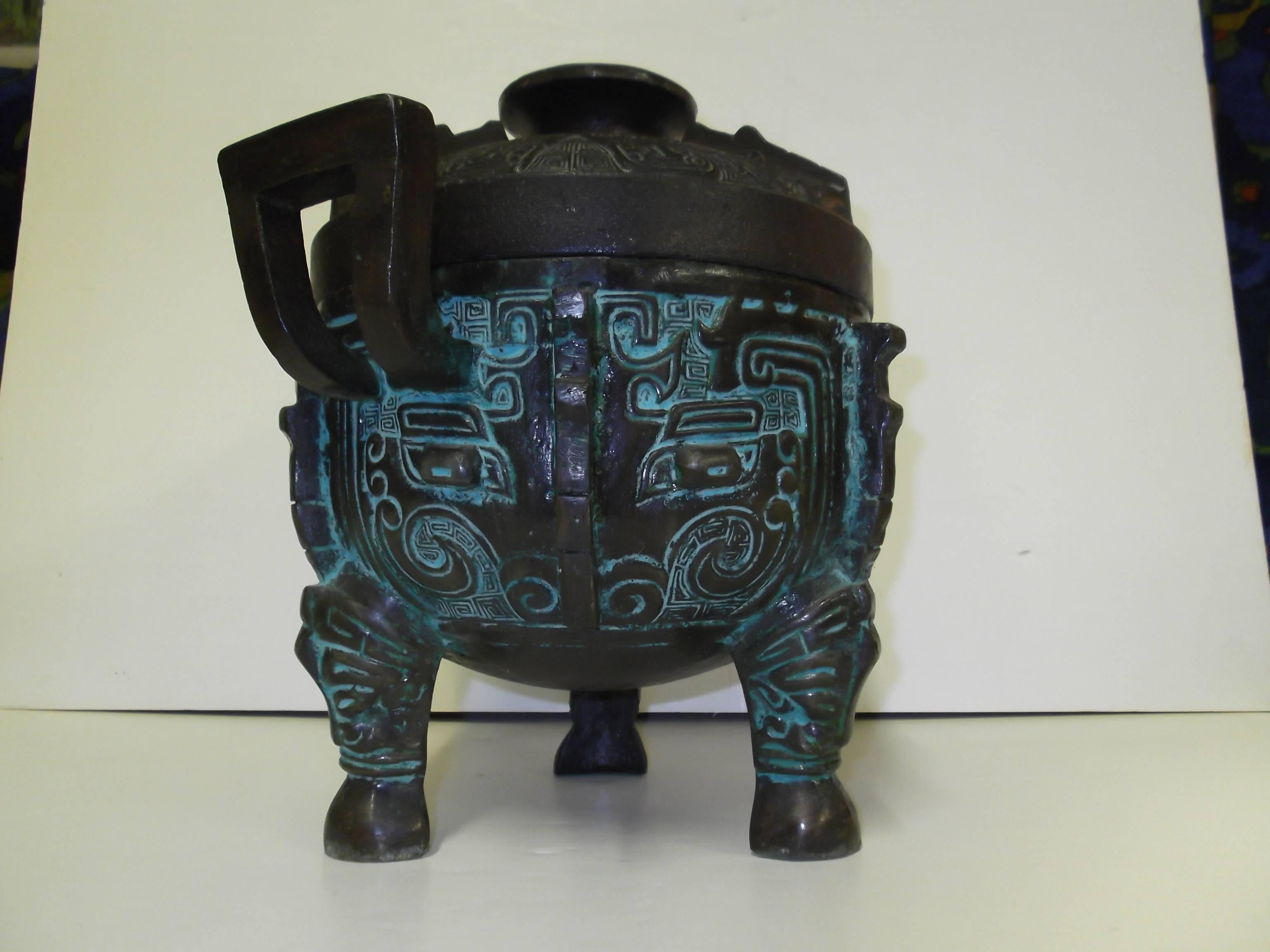 Patinated Large Vintage Attributed James Mont Cast Metal Asian Aztec Temple Urn Ice Bucket
