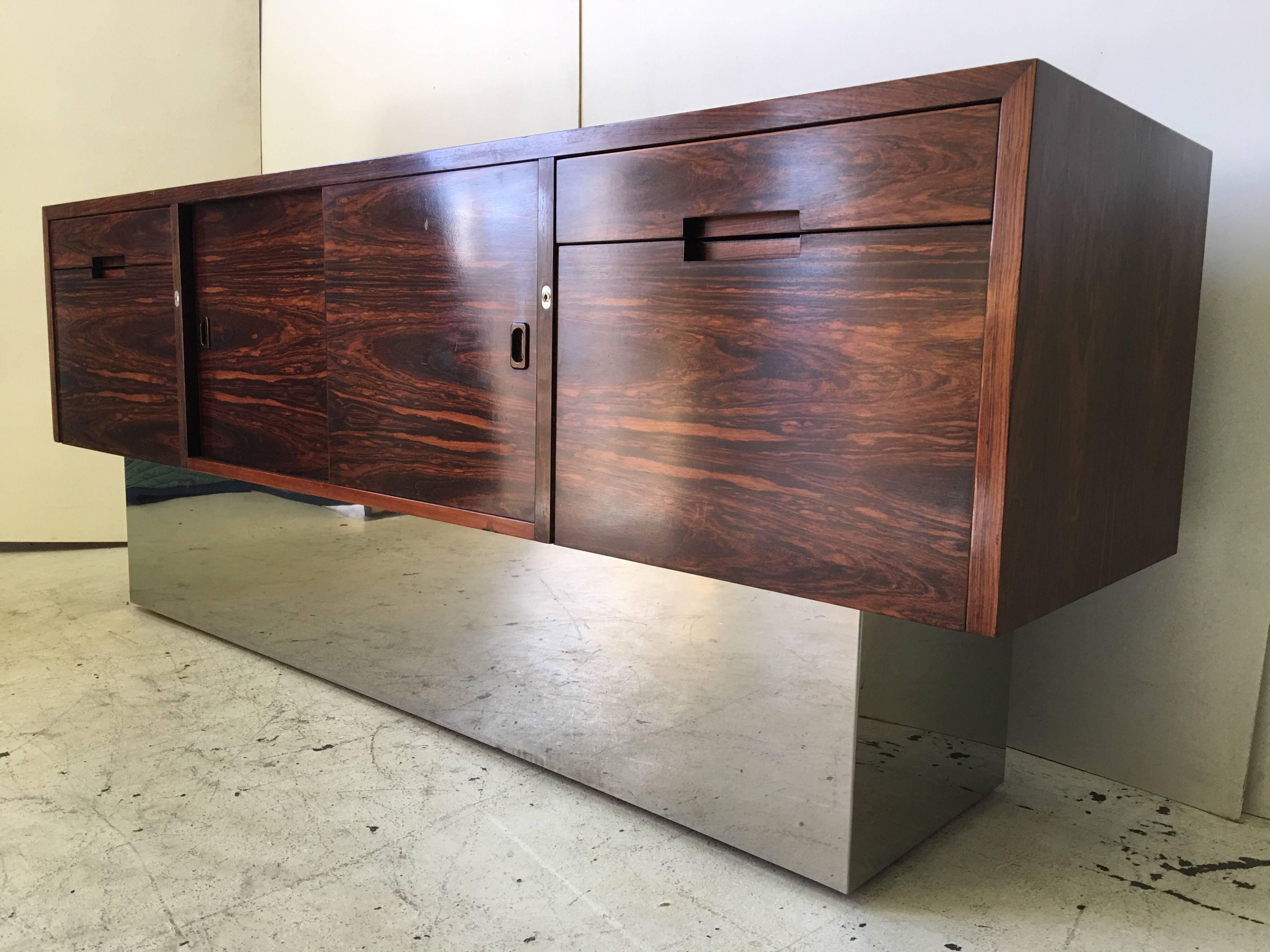Mid-Century Modern Pace Rosewood Chrome Plinth Base Credenza