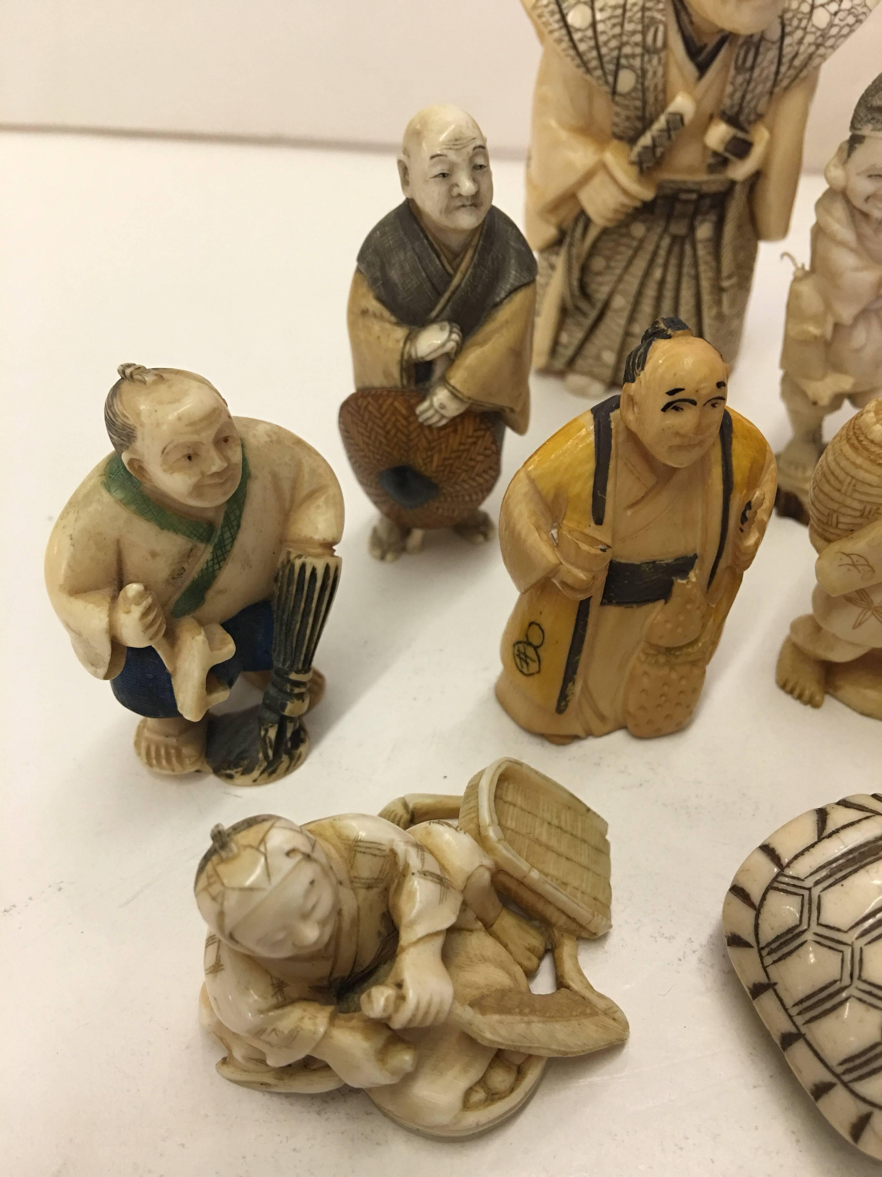 There are 18 figures all from one collector. Some are signed. These are all Meji period, mid to late 1800s to early 20th century. The tallest at back stands 6