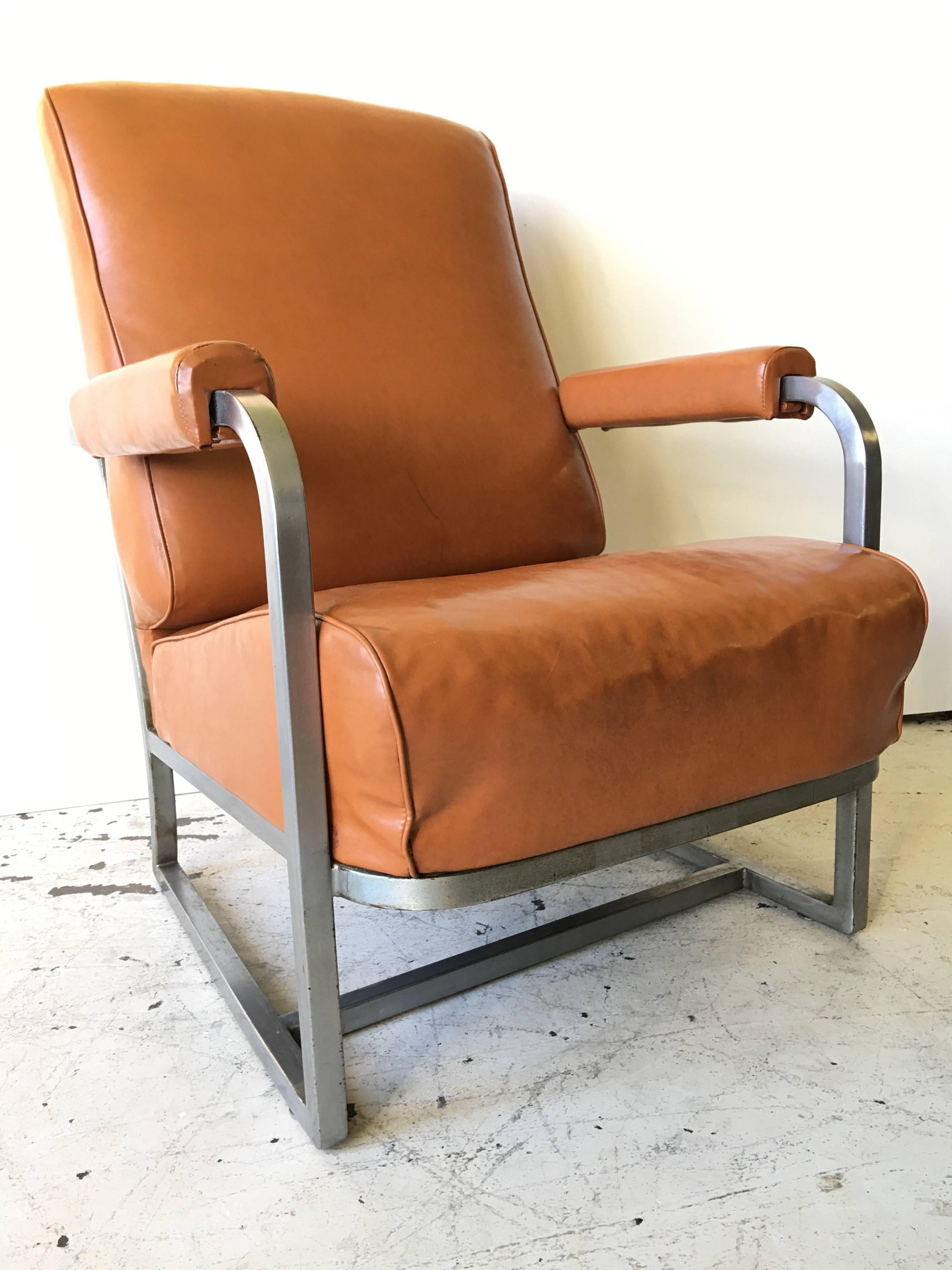 Fantastic Machine Age Design! This is a nice piece of American Art Deco design. It is a Pullman train car lounge chair, by Henry Dreyfuss. It falls into Machine age and Industrial arts categories as well. It comes with original upholstery, that has