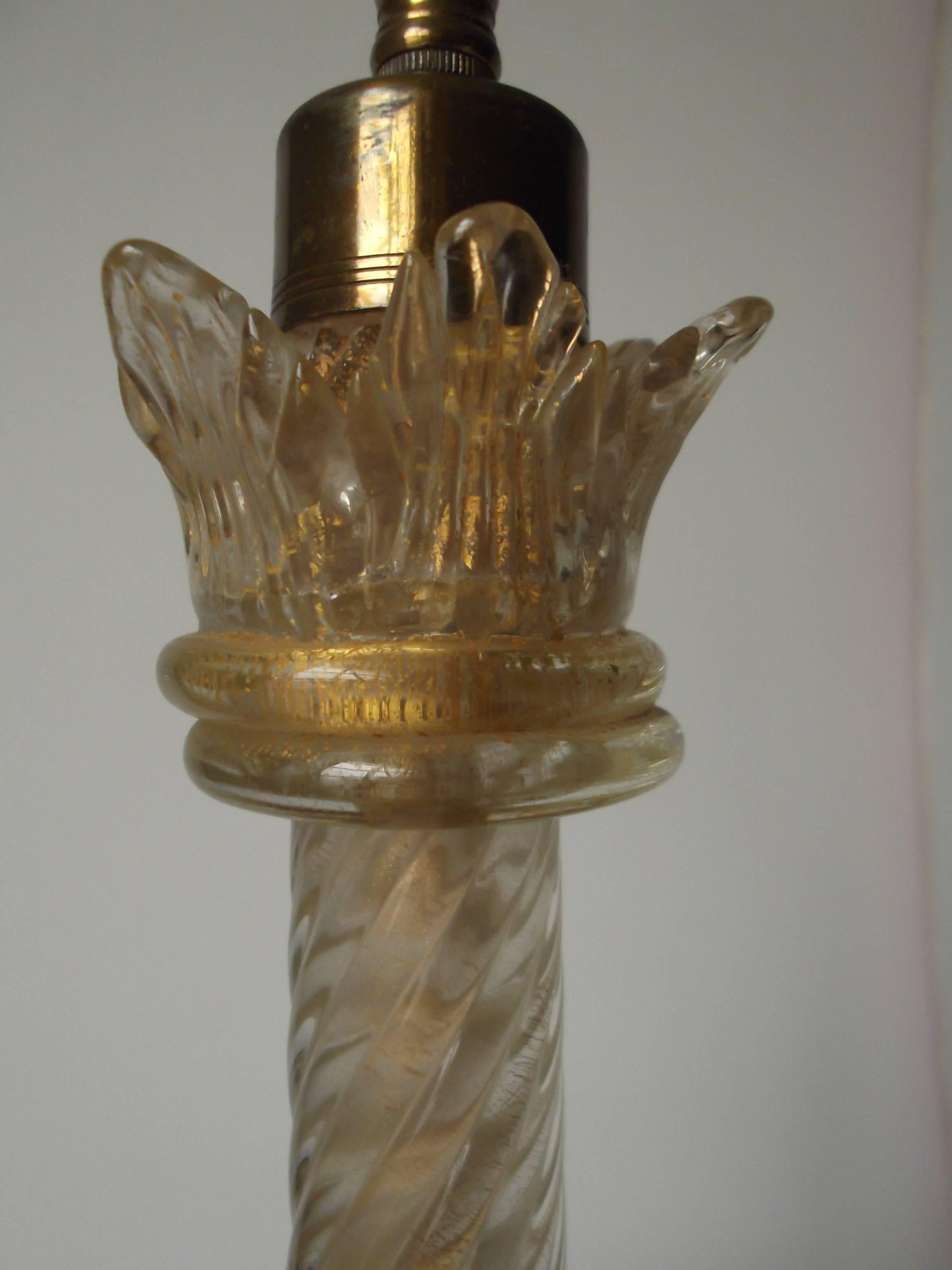 Brass Camer Ny Label Manner of Barovier Venini Italian Glass Candlestick Lamp