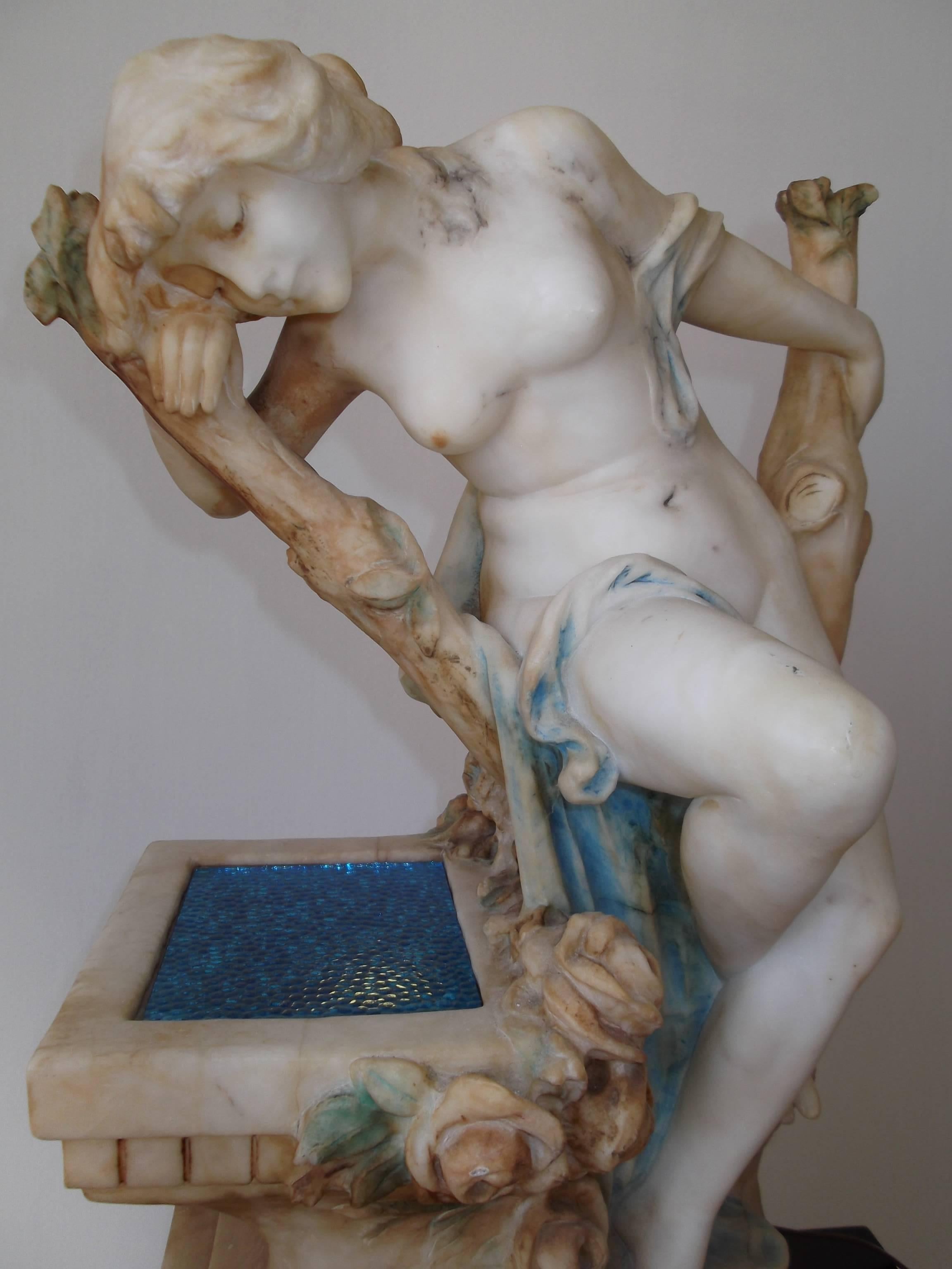 This is an absolutely wonderful Art Nouveau Alabaster Sculpture gazing into fountain Fountain (lamp) that lights up! It is signed to back, 