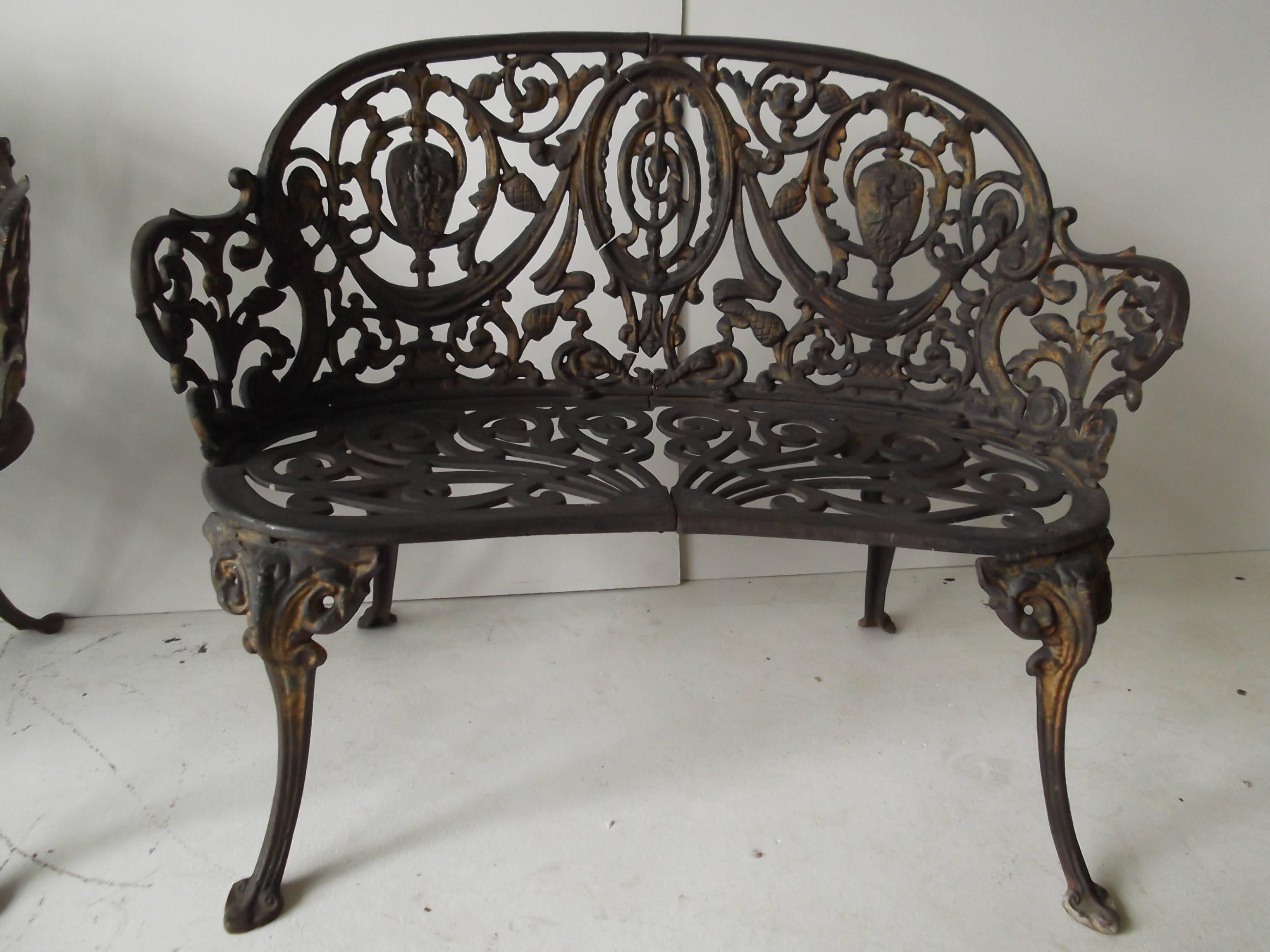 Neoclassical Revival Pair of Antique Ornate Cast Iron Diminutive Garden Bench Seats