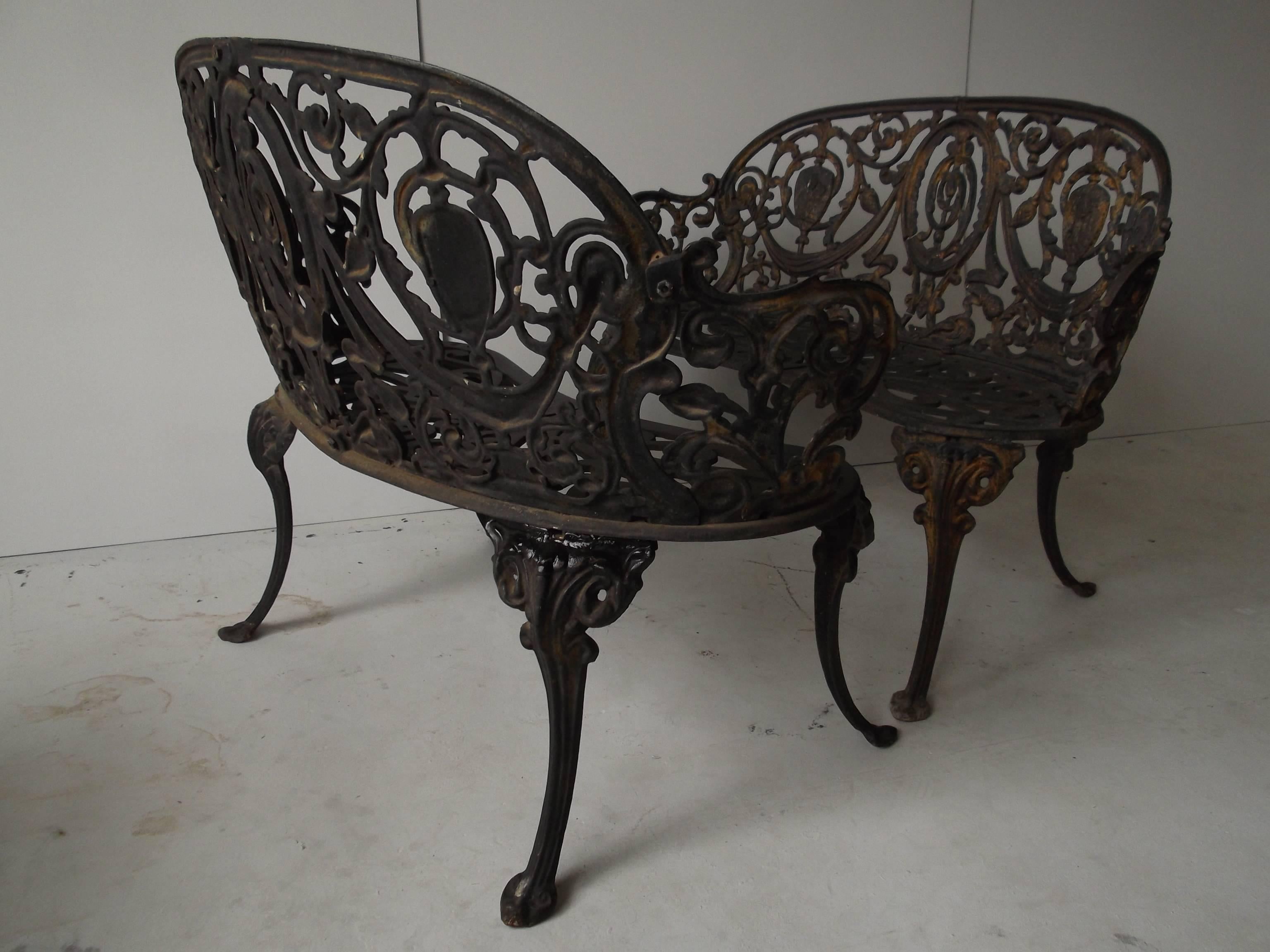 American Pair of Antique Ornate Cast Iron Diminutive Garden Bench Seats