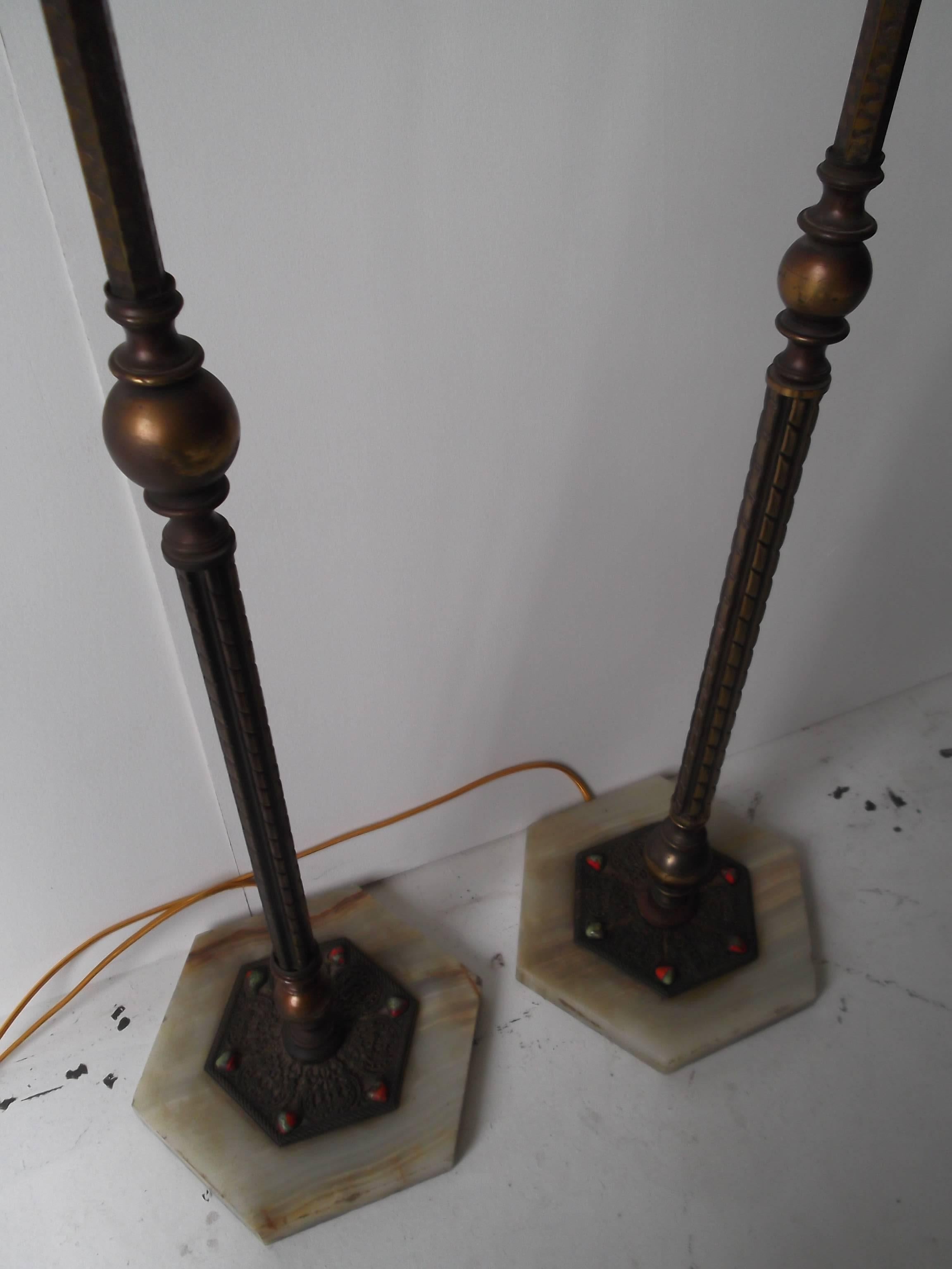 American Pair of Antique Moorish Onyx and Jewel Base Lantern Floor Lamps For Sale