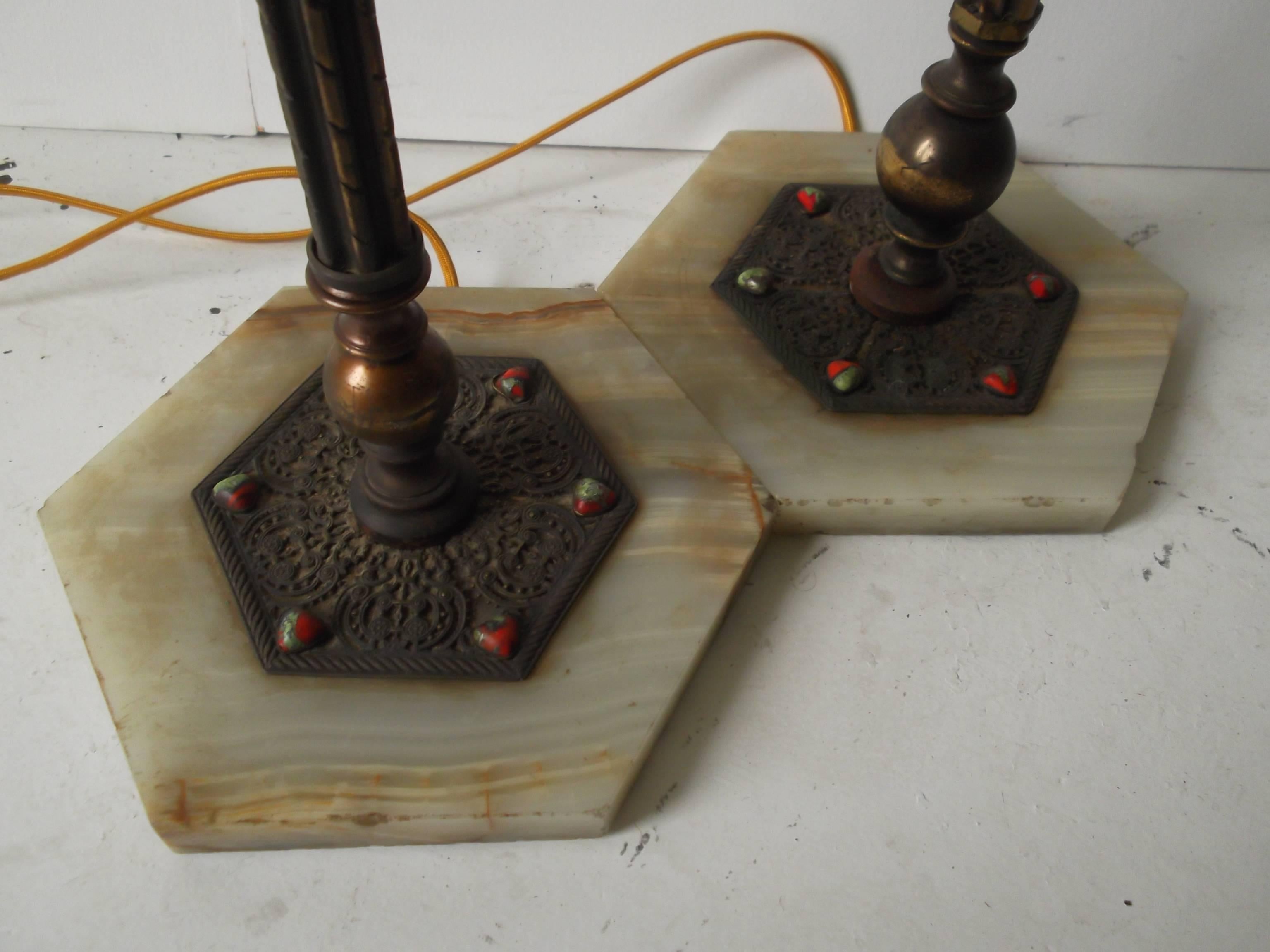 20th Century Pair of Antique Moorish Onyx and Jewel Base Lantern Floor Lamps For Sale