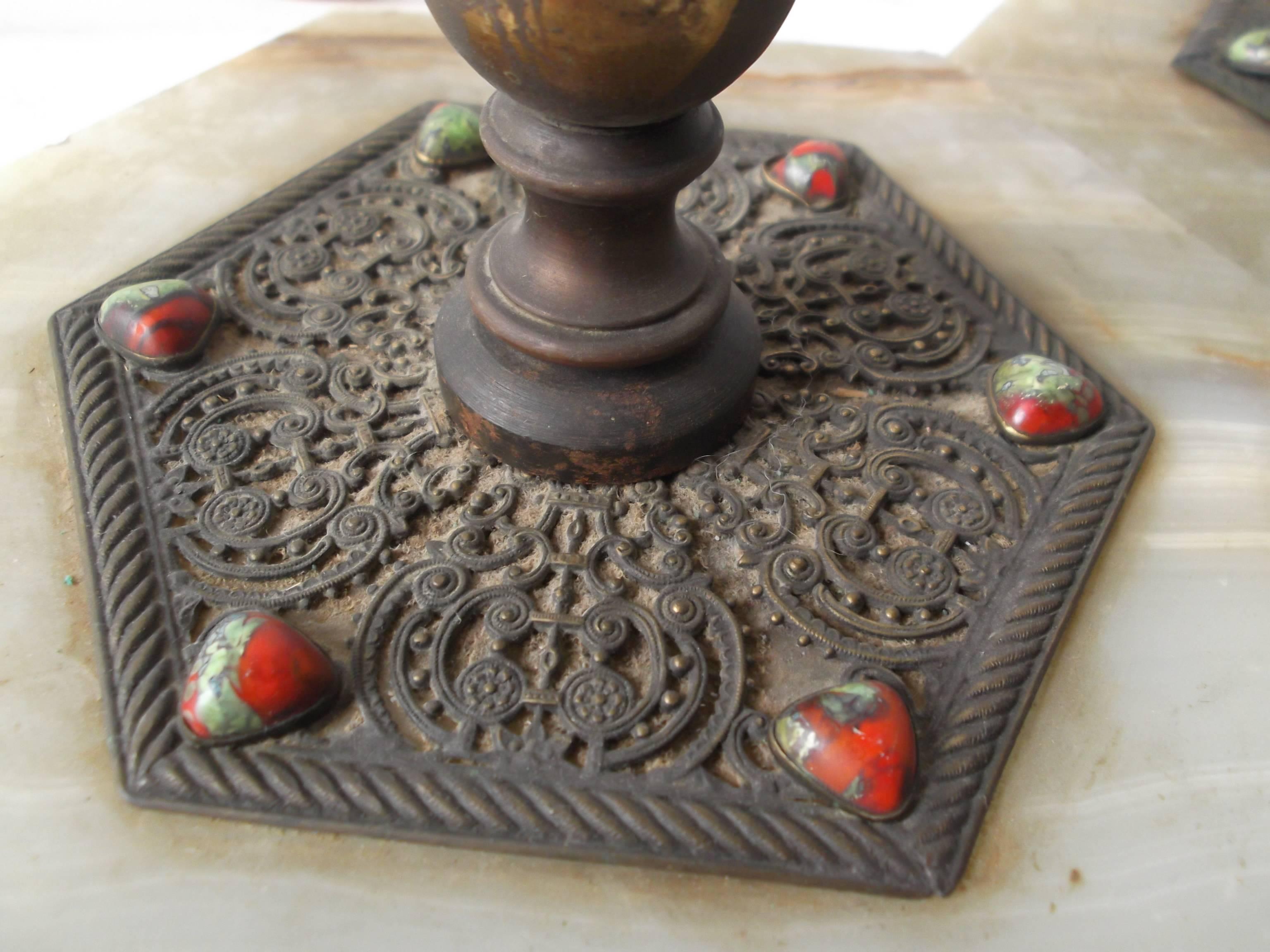 Brass Pair of Antique Moorish Onyx and Jewel Base Lantern Floor Lamps For Sale