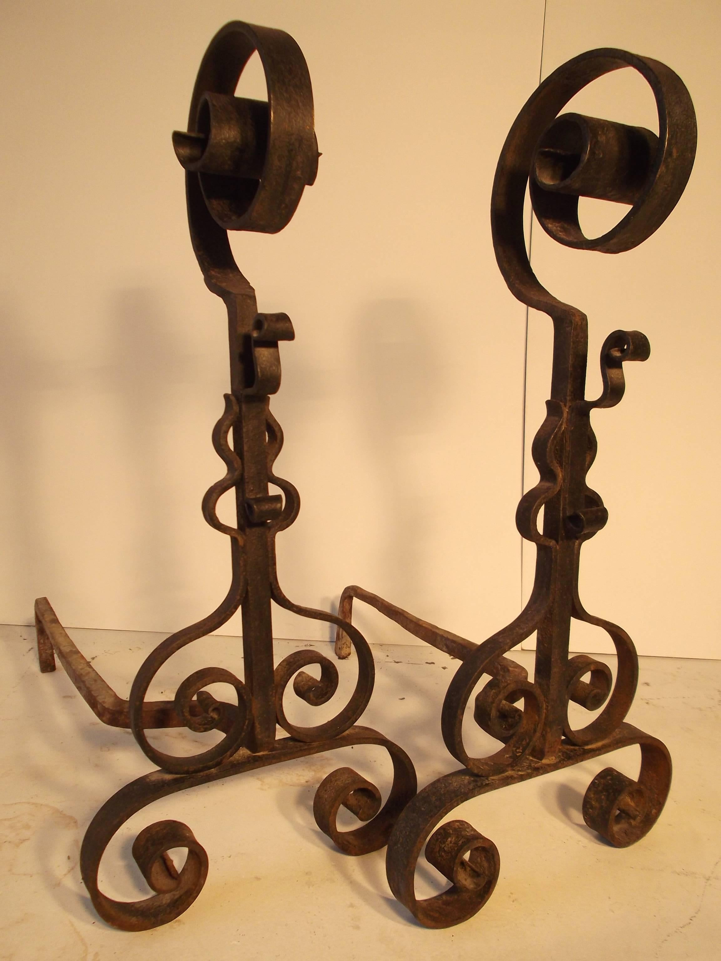 Renaissance Revival c1920's Hand-Forged Wrought Iron French Fireplace Andirons For Sale