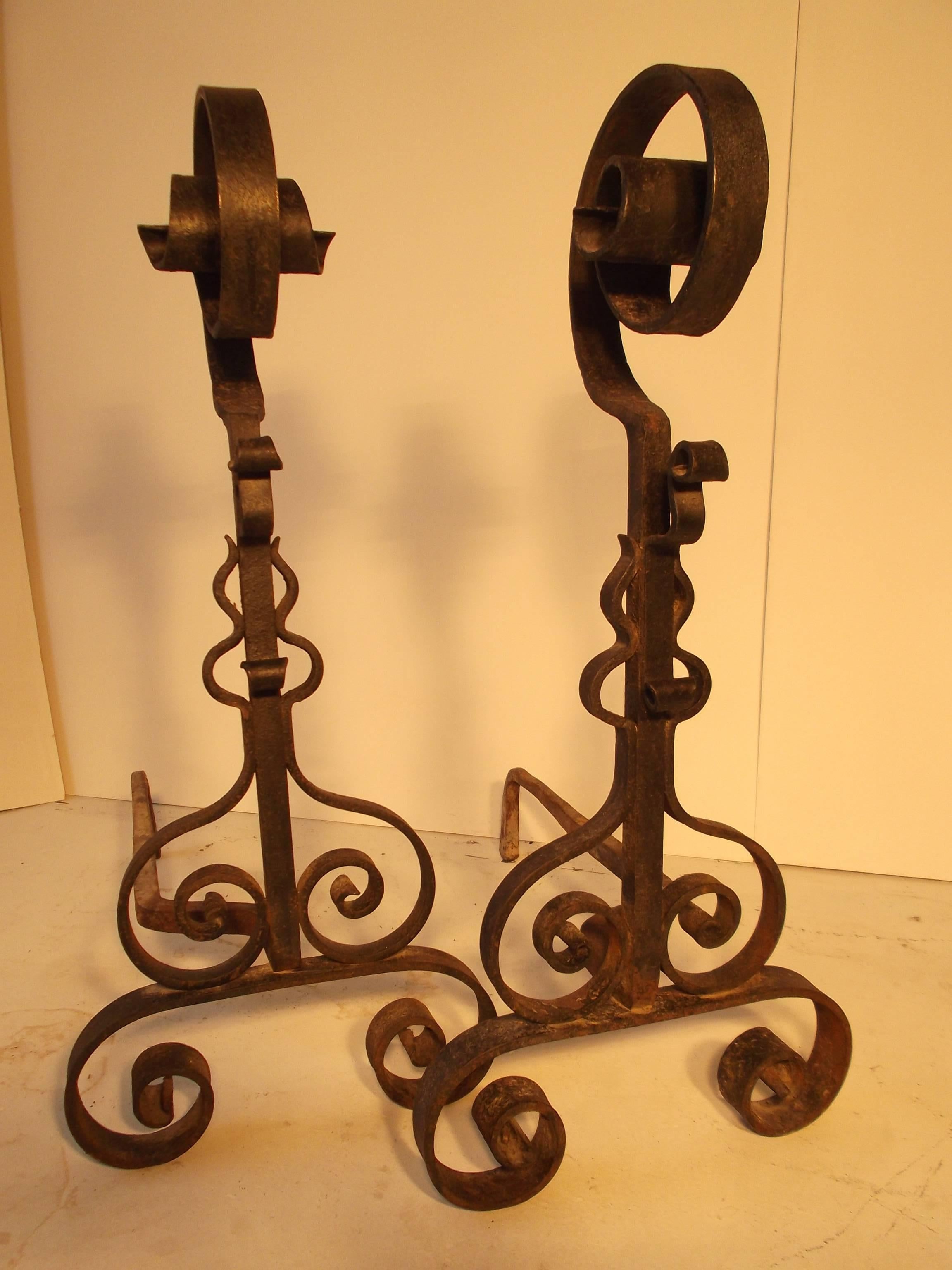 c1920's Hand-Forged Wrought Iron French Fireplace Andirons In Good Condition For Sale In Tulsa, OK
