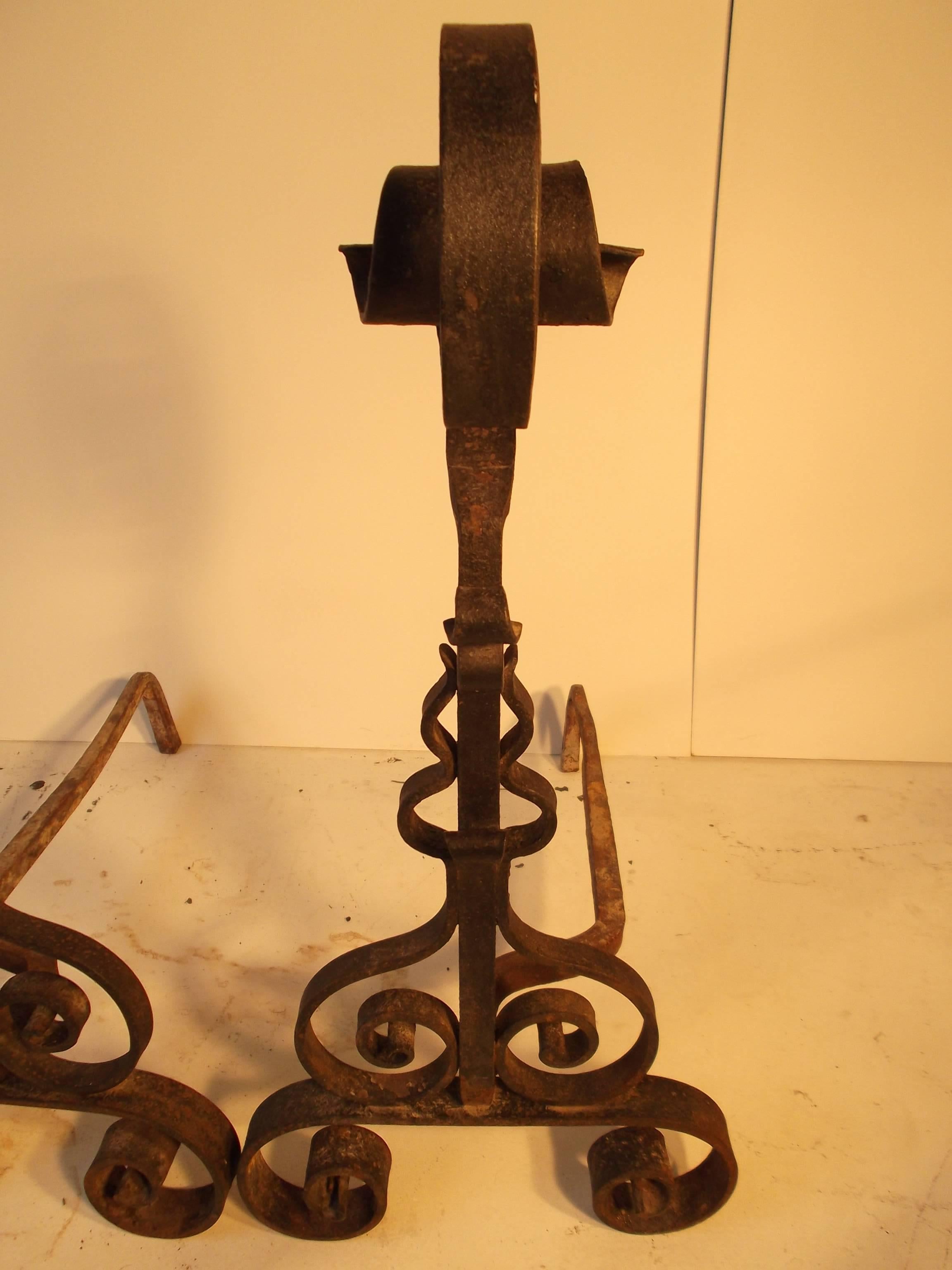 20th Century c1920's Hand-Forged Wrought Iron French Fireplace Andirons For Sale