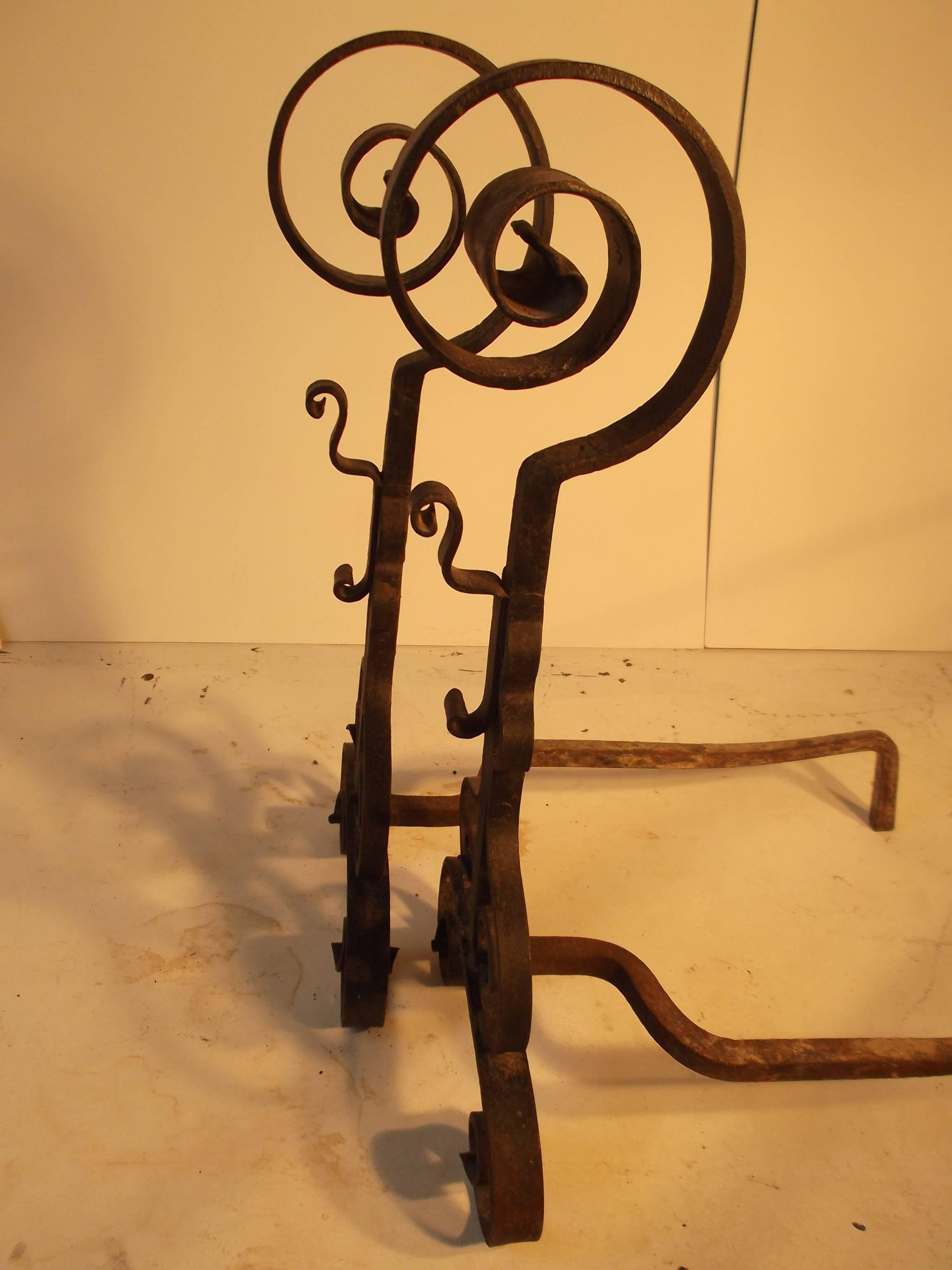 c1920's Hand-Forged Wrought Iron French Fireplace Andirons For Sale 4
