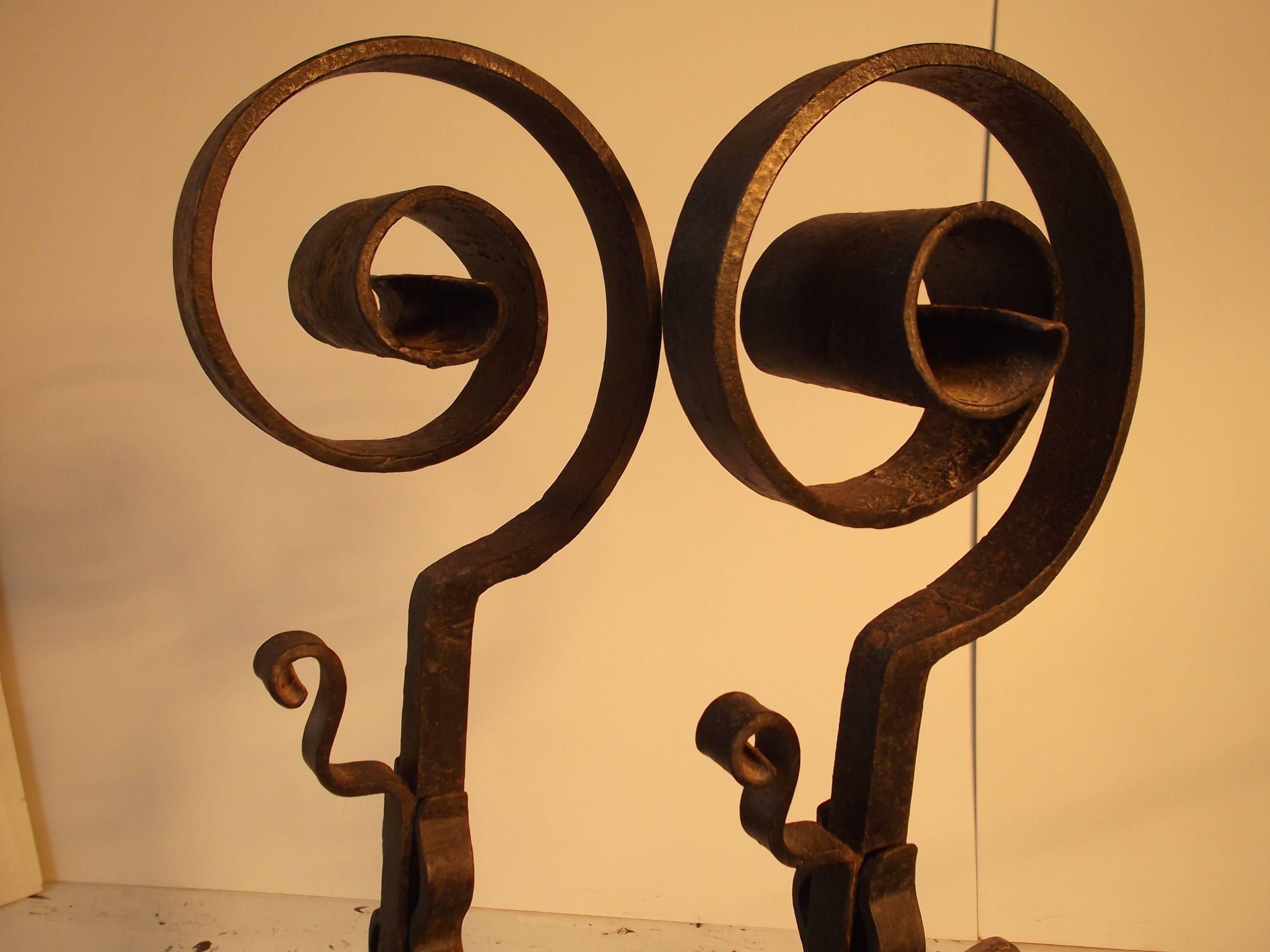c1920's Hand-Forged Wrought Iron French Fireplace Andirons For Sale 1