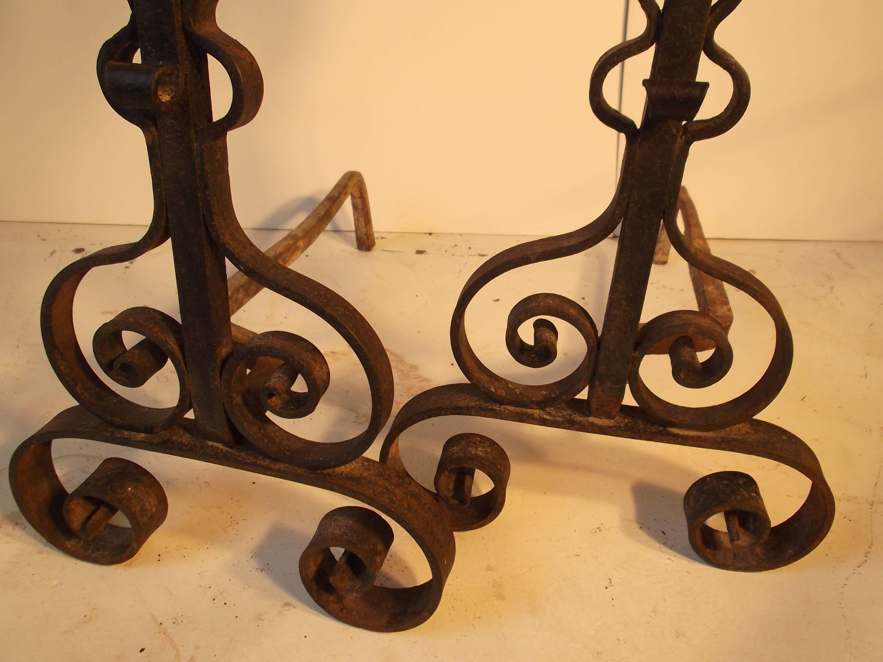 c1920's Hand-Forged Wrought Iron French Fireplace Andirons For Sale 2