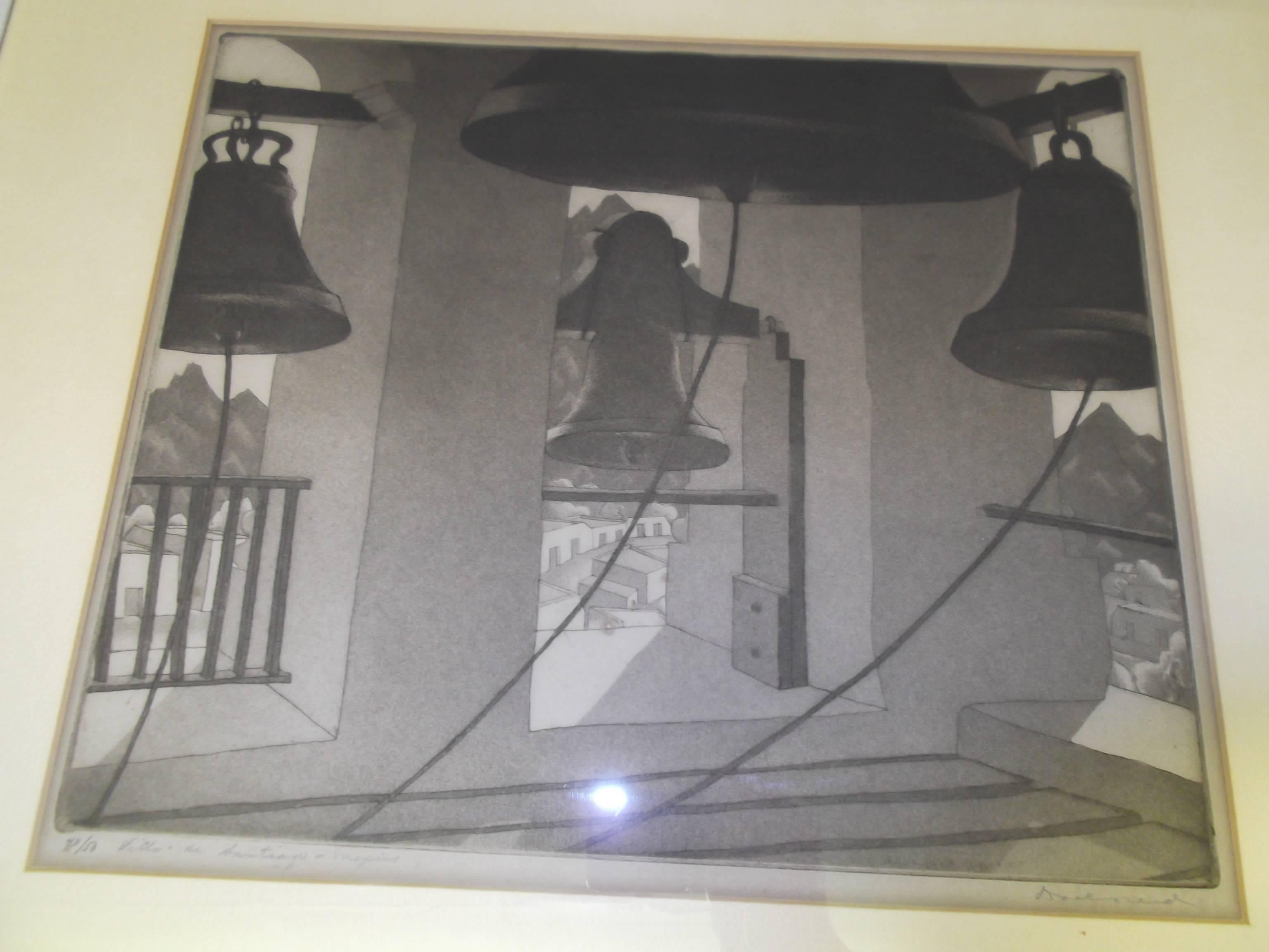 Modern 1934 Aquatint Etching by Doel Reed Villa De Santiago Mexico the Bells For Sale