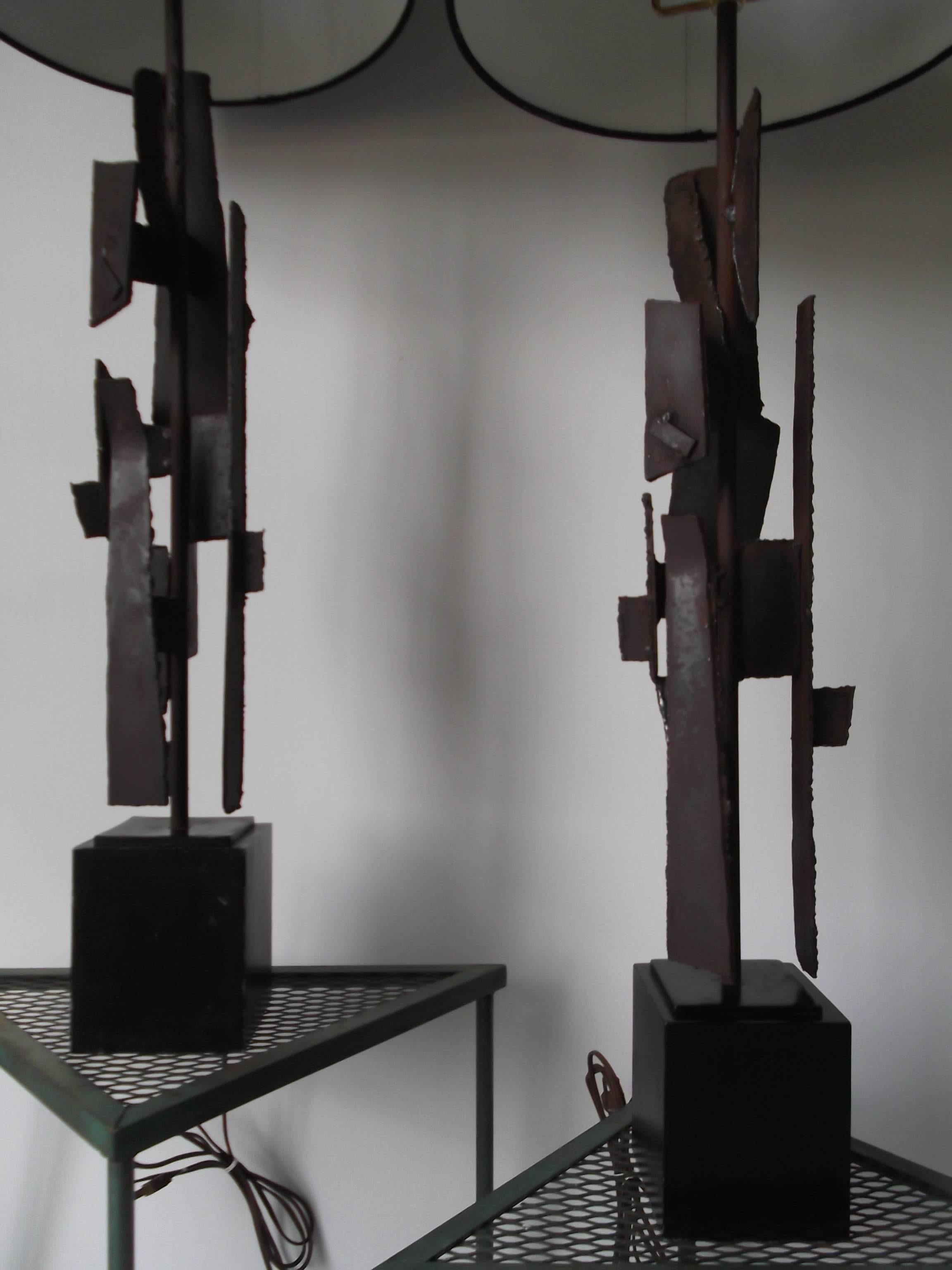Brutalist Pair of Laurel Torch Cut Steel Sculpture Lamps by Harry Balmer
